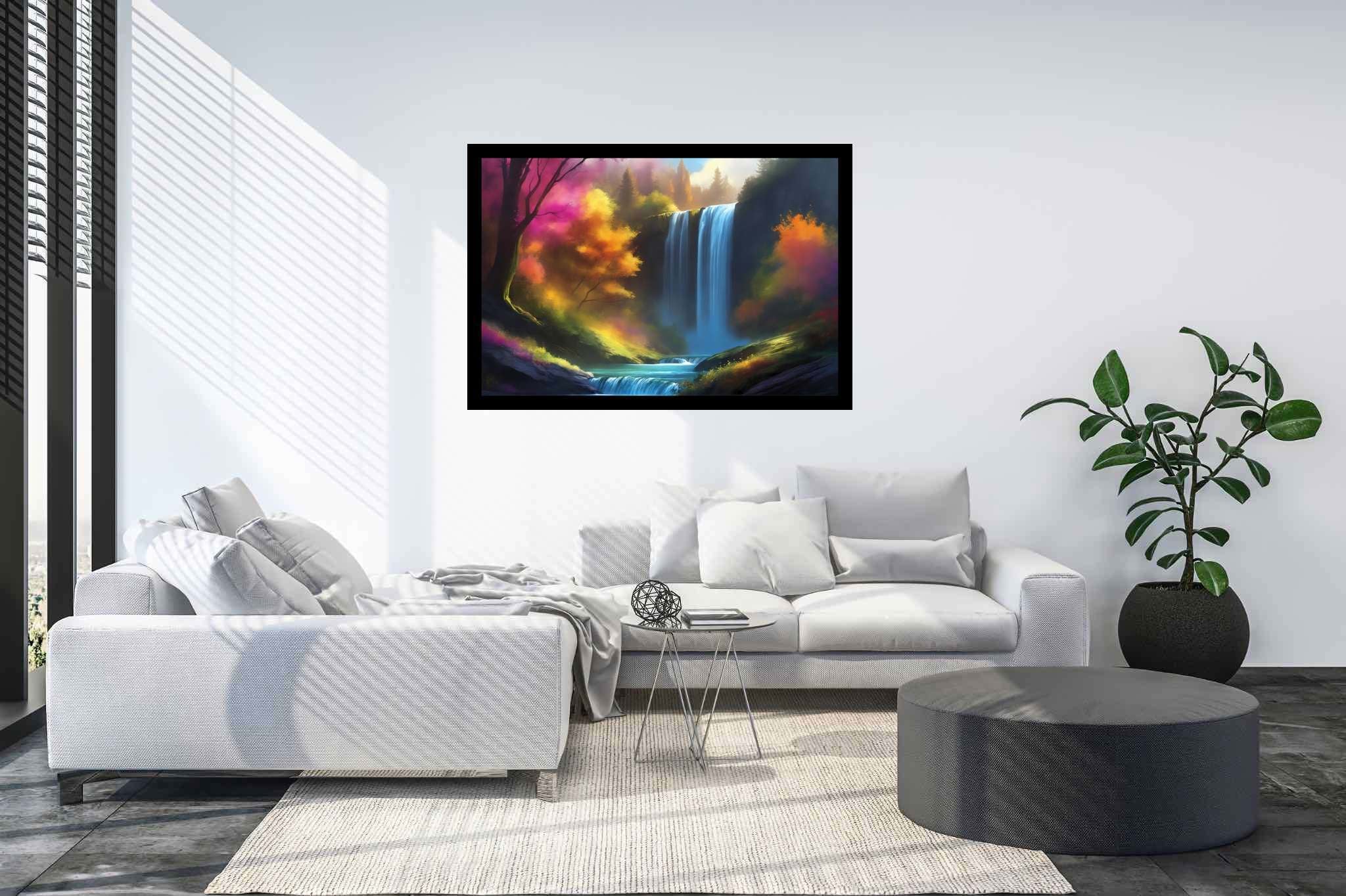 Verdant veil cascade: Waterfall art with picturesque waterfall scenes, in a room with elegant layout, bespoke art designs, and trendy home accents. The art can be printed on poster, framed poster, canvas, metal, acrylic or wood, exclusively at WallArtZen. Find this exact print at https://wallartzen.com/waz255