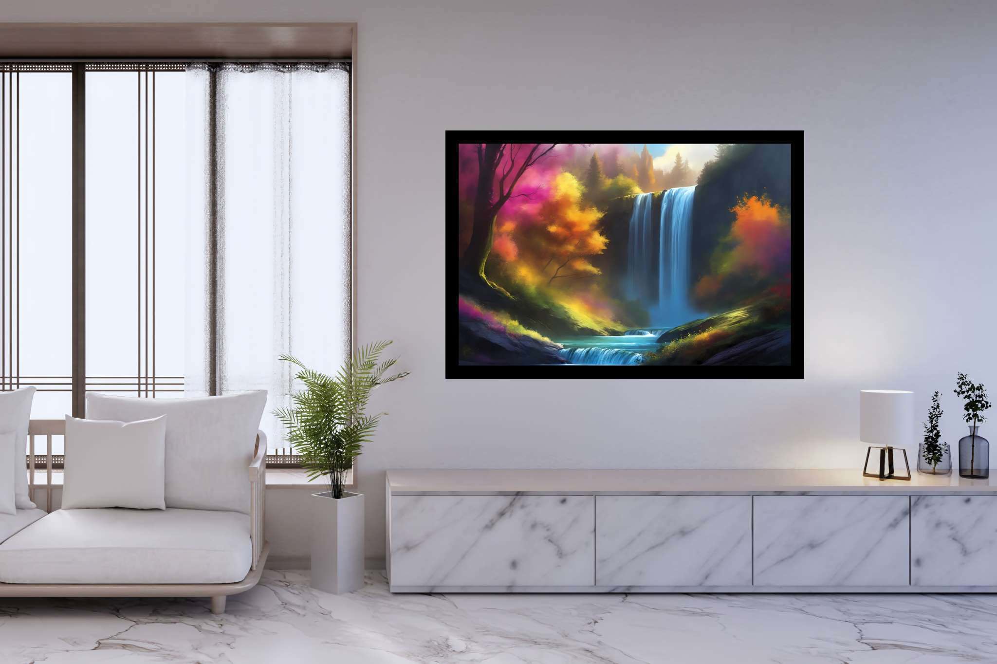 Verdant veil cascade: Waterfall art with scenic artwork, in a room with modern style, digital art pieces, and trendy home accents. The art can be printed on poster, framed poster, canvas, metal, acrylic or wood, exclusively at WallArtZen. Find this exact print at https://wallartzen.com/waz255