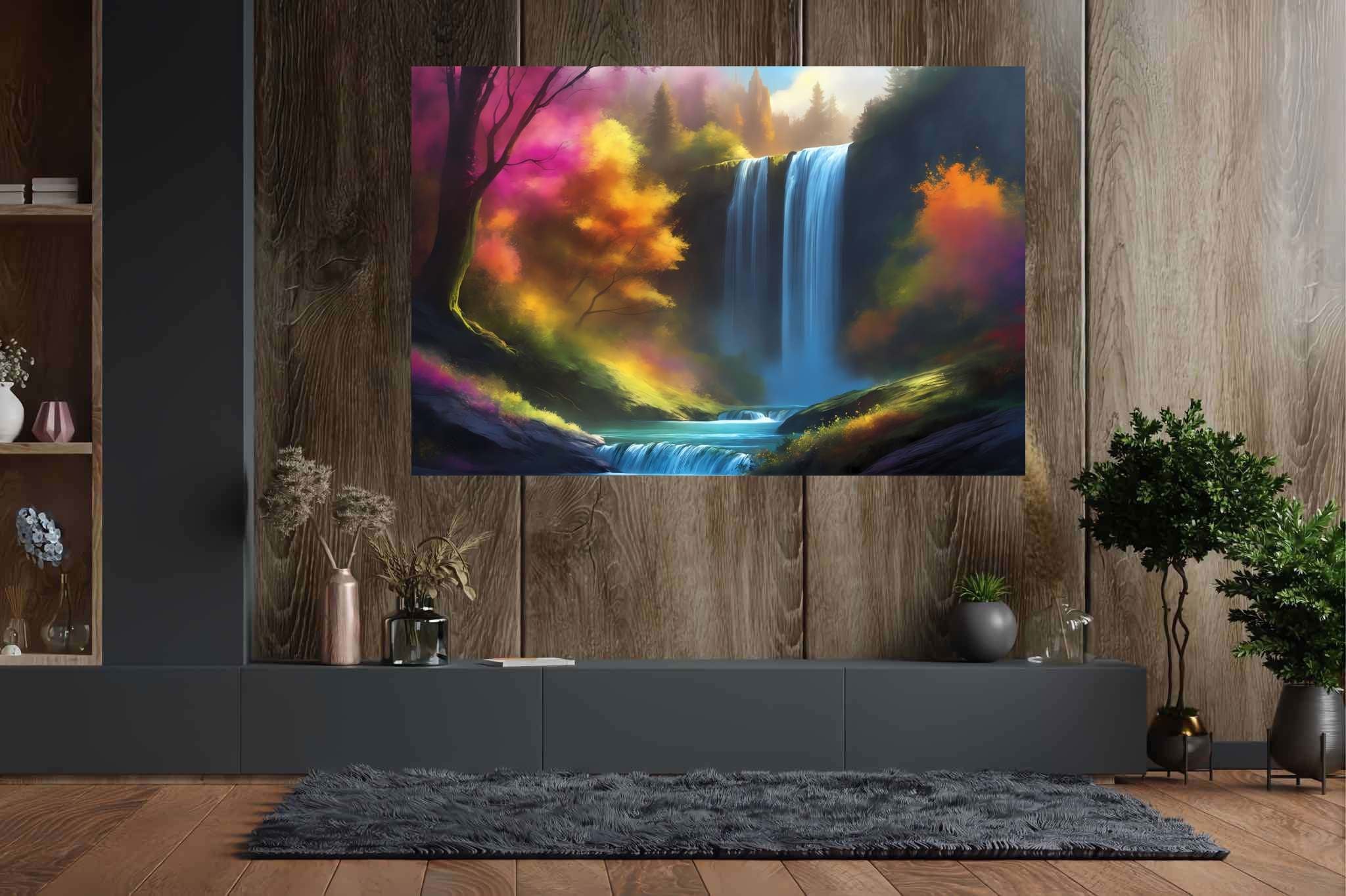 Verdant veil cascade: Waterfall art with cascading waterfalls, in a room with contemporary flair, bespoke art designs, and stylish accessories. The art can be printed on poster, framed poster, canvas, metal, acrylic or wood, exclusively at WallArtZen. Find this exact print at https://wallartzen.com/waz255