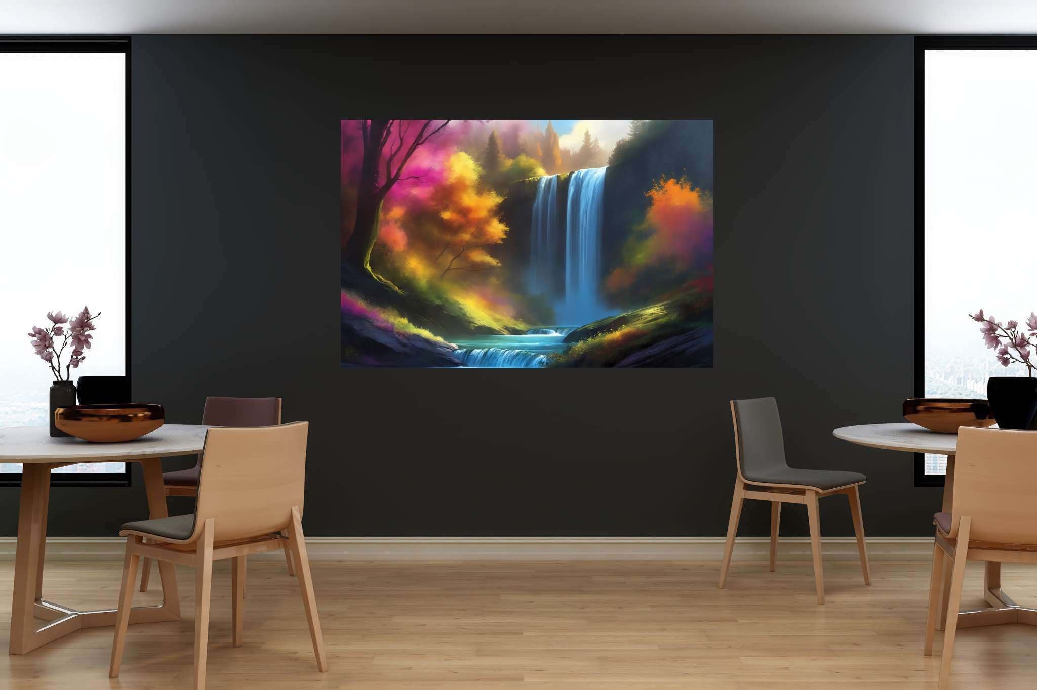 Verdant veil cascade: Waterfall art with waterfall prints, in a room with contemporary flair, photographic wall art, and artisan decor. The art can be printed on poster, framed poster, canvas, metal, acrylic or wood, exclusively at WallArtZen. Find this exact print at https://wallartzen.com/waz255