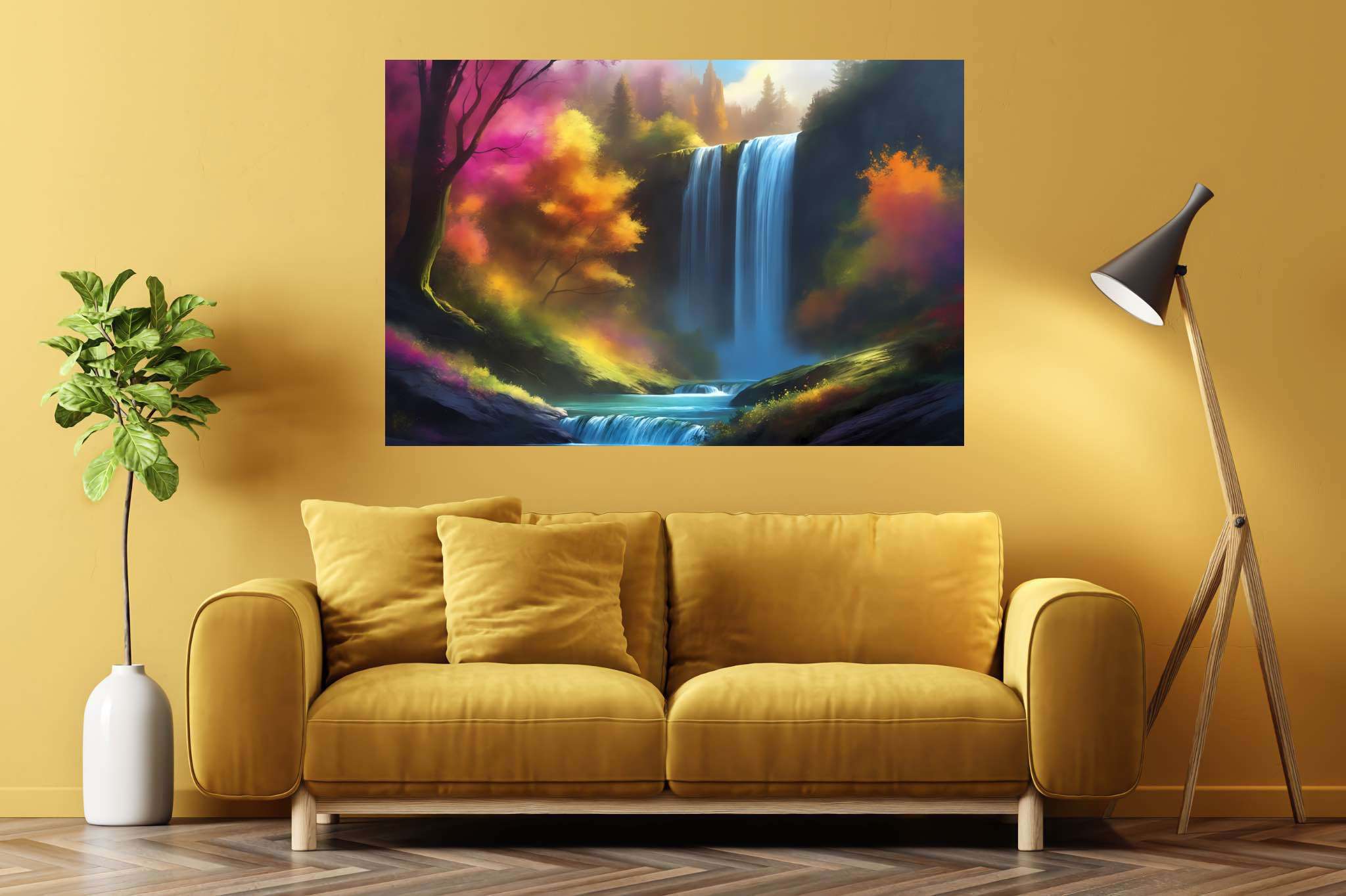 Verdant veil cascade: Waterfall art with waterfall prints, in a room with chic decor, canvas prints, and trendy home accents. The art can be printed on poster, framed poster, canvas, metal, acrylic or wood, exclusively at WallArtZen. Find this exact print at https://wallartzen.com/waz255