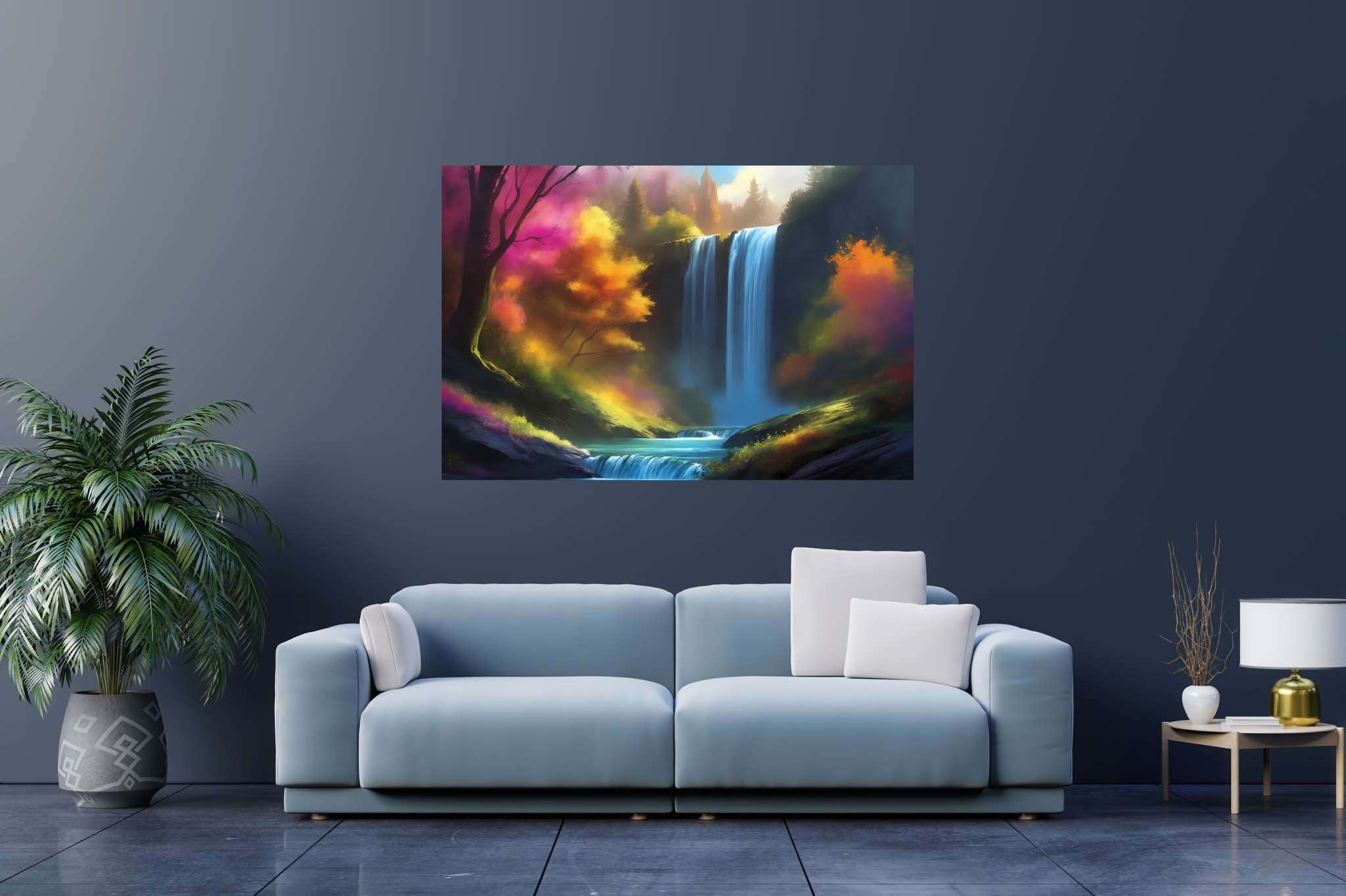 Verdant veil cascade: Waterfall art with tranquil artwork, in a room with innovative layout, canvas prints, and interior decorations. The art can be printed on poster, framed poster, canvas, metal, acrylic or wood, exclusively at WallArtZen. Find this exact print at https://wallartzen.com/waz255