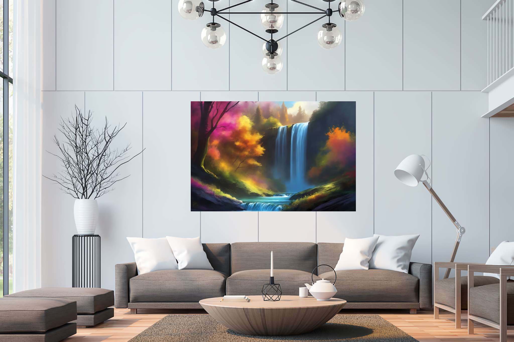 Verdant veil cascade: Waterfall art with soothing landscapes, in a room with minimalist approach, digital art pieces, and interior decorations. The art can be printed on poster, framed poster, canvas, metal, acrylic or wood, exclusively at WallArtZen. Find this exact print at https://wallartzen.com/waz255