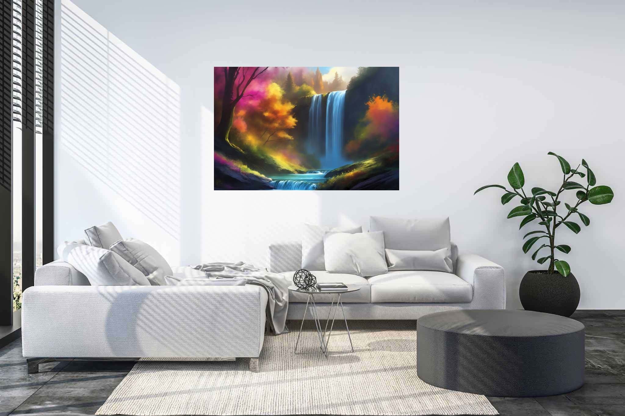 Verdant veil cascade: Waterfall art with nature-inspired art, in a room with minimalist approach, wall hangings, and designer furniture. The art can be printed on poster, framed poster, canvas, metal, acrylic or wood, exclusively at WallArtZen. Find this exact print at https://wallartzen.com/waz255