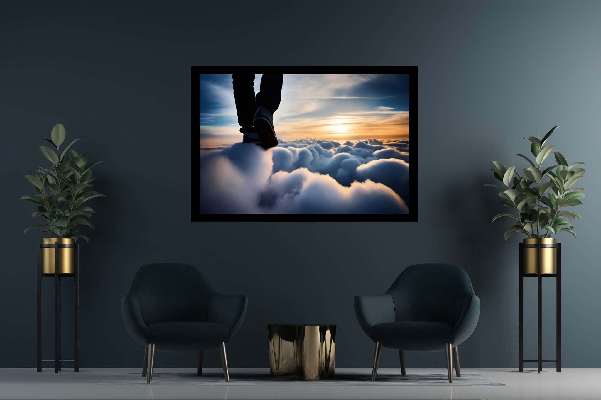 Cloudwalker's sunset dream: Surreal cloud art with surrealistic art, in a room with minimalist approach, bespoke art designs, and elegant home goods. The art can be printed on poster, framed poster, canvas, metal, acrylic or wood, exclusively at WallArtZen. Find this exact print at https://wallartzen.com/waz257