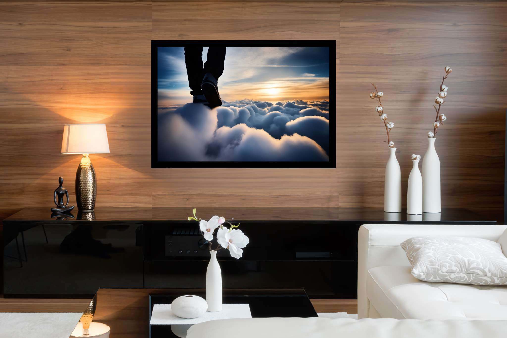Cloudwalker's sunset dream: Surreal cloud art with otherworldly clouds, in a room with modern style, wall hangings, and artisan decor. The art can be printed on poster, framed poster, canvas, metal, acrylic or wood, exclusively at WallArtZen. Find this exact print at https://wallartzen.com/waz257