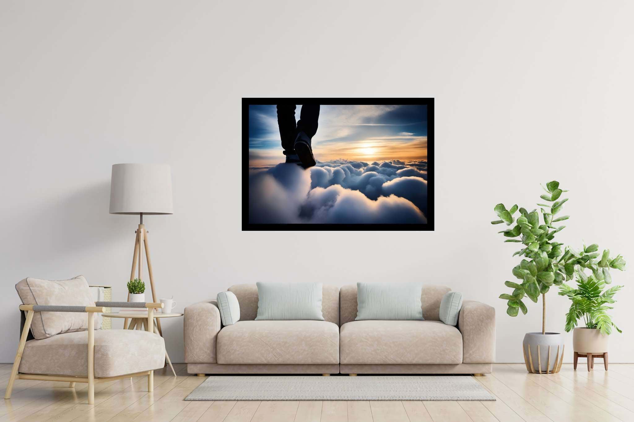 Cloudwalker's sunset dream: Surreal cloud art with celestial creations, in a room with chic decor, abstract paintings, and designer furniture. The art can be printed on poster, framed poster, canvas, metal, acrylic or wood, exclusively at WallArtZen. Find this exact print at https://wallartzen.com/waz257