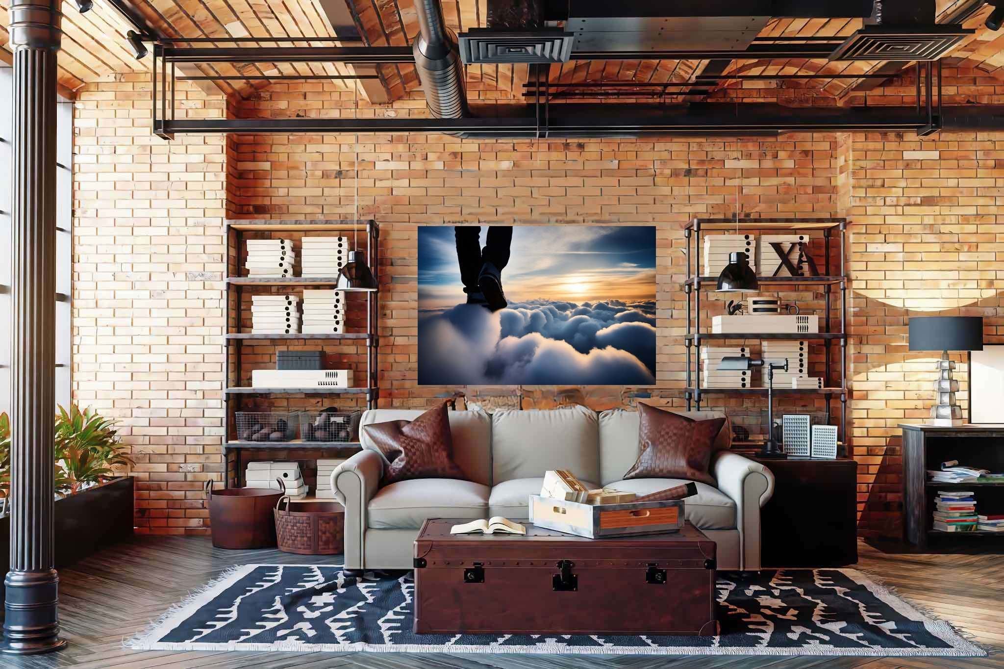 Cloudwalker's sunset dream: Surreal cloud art with whimsical cloud art, in a room with contemporary flair, photographic wall art, and elegant home goods. The art can be printed on poster, framed poster, canvas, metal, acrylic or wood, exclusively at WallArtZen. Find this exact print at https://wallartzen.com/waz257