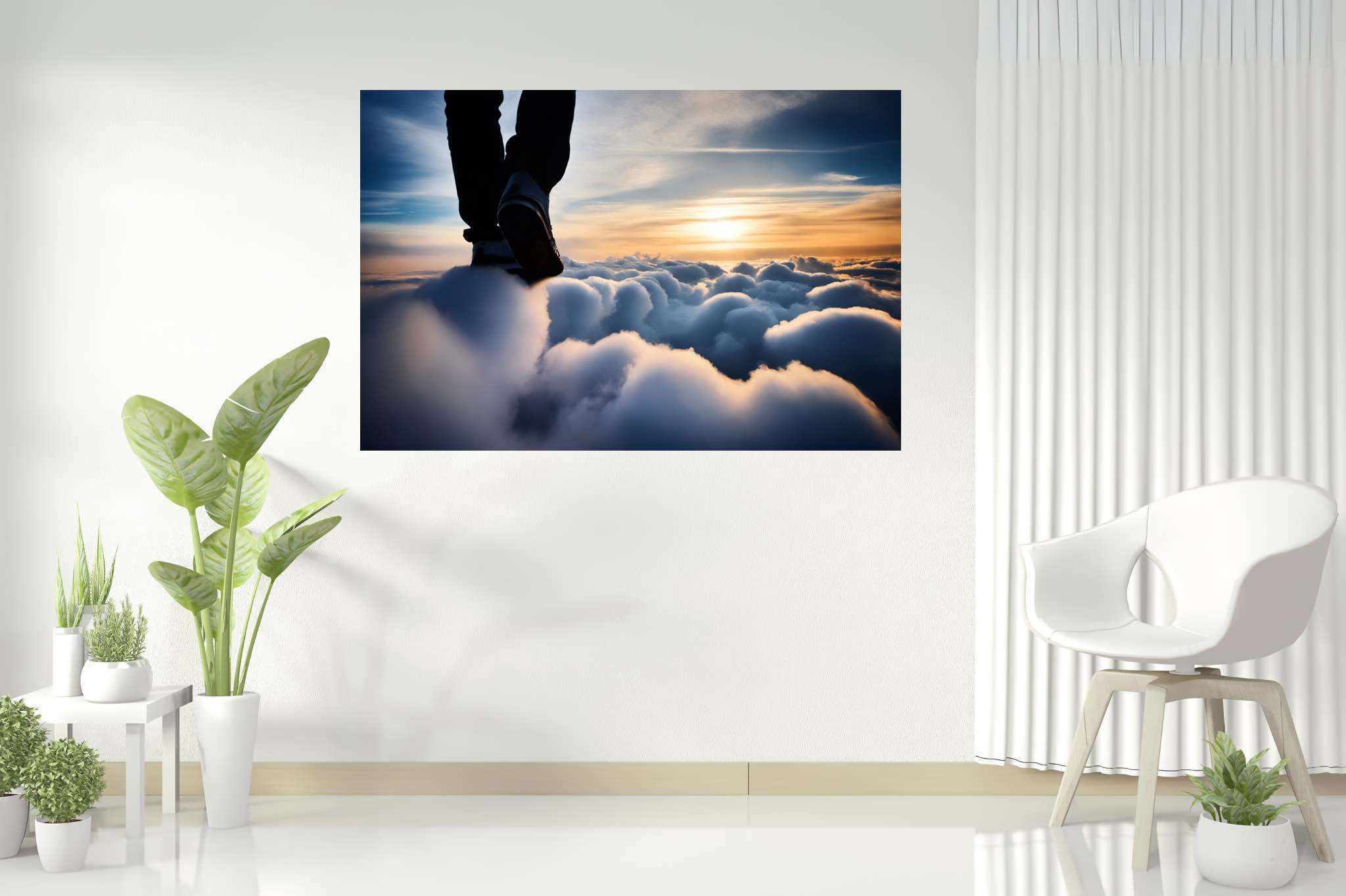 Cloudwalker's sunset dream: Surreal cloud art with imaginative heavens, in a room with chic decor, abstract paintings, and trendy home accents. The art can be printed on poster, framed poster, canvas, metal, acrylic or wood, exclusively at WallArtZen. Find this exact print at https://wallartzen.com/waz257
