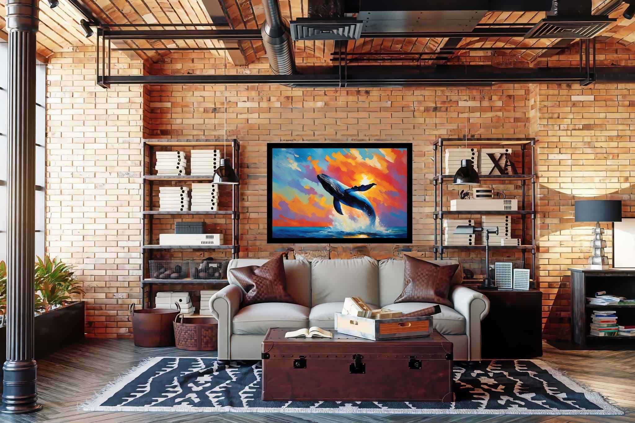 Sunset leviathan's leap: Whale art with marine nature, in a room with classic elegance, canvas prints, and interior decorations. The art can be printed on poster, framed poster, canvas, metal, acrylic or wood, exclusively at WallArtZen. Find this exact print at https://wallartzen.com/waz258