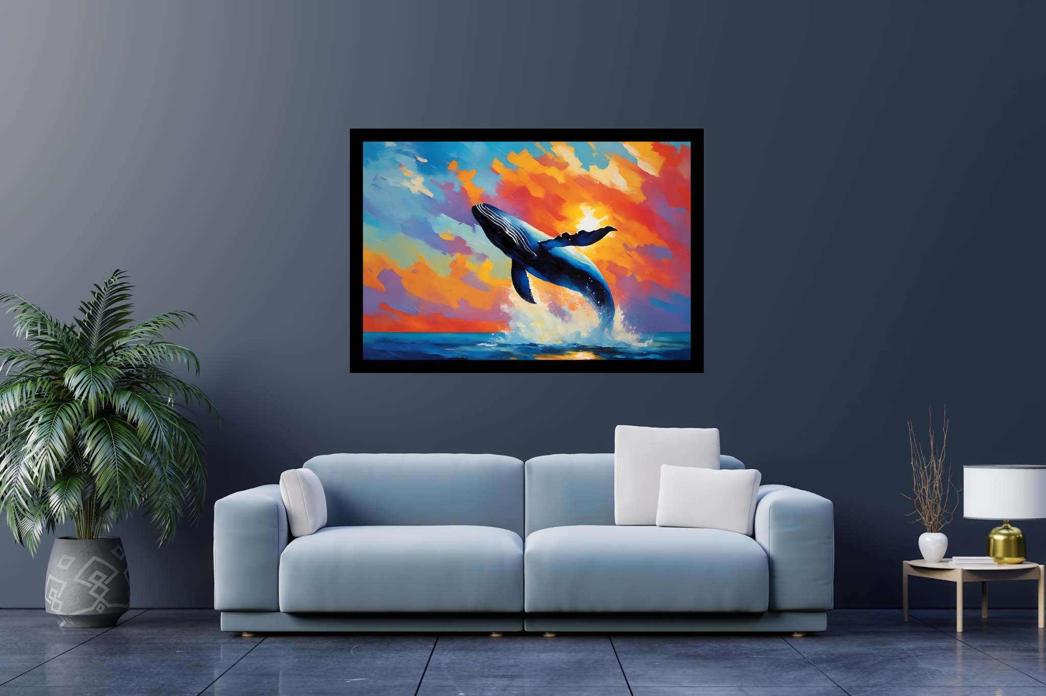 Sunset leviathan's leap: Whale art with maritime artwork, in a room with chic decor, wall hangings, and artisan decor. The art can be printed on poster, framed poster, canvas, metal, acrylic or wood, exclusively at WallArtZen. Find this exact print at https://wallartzen.com/waz258