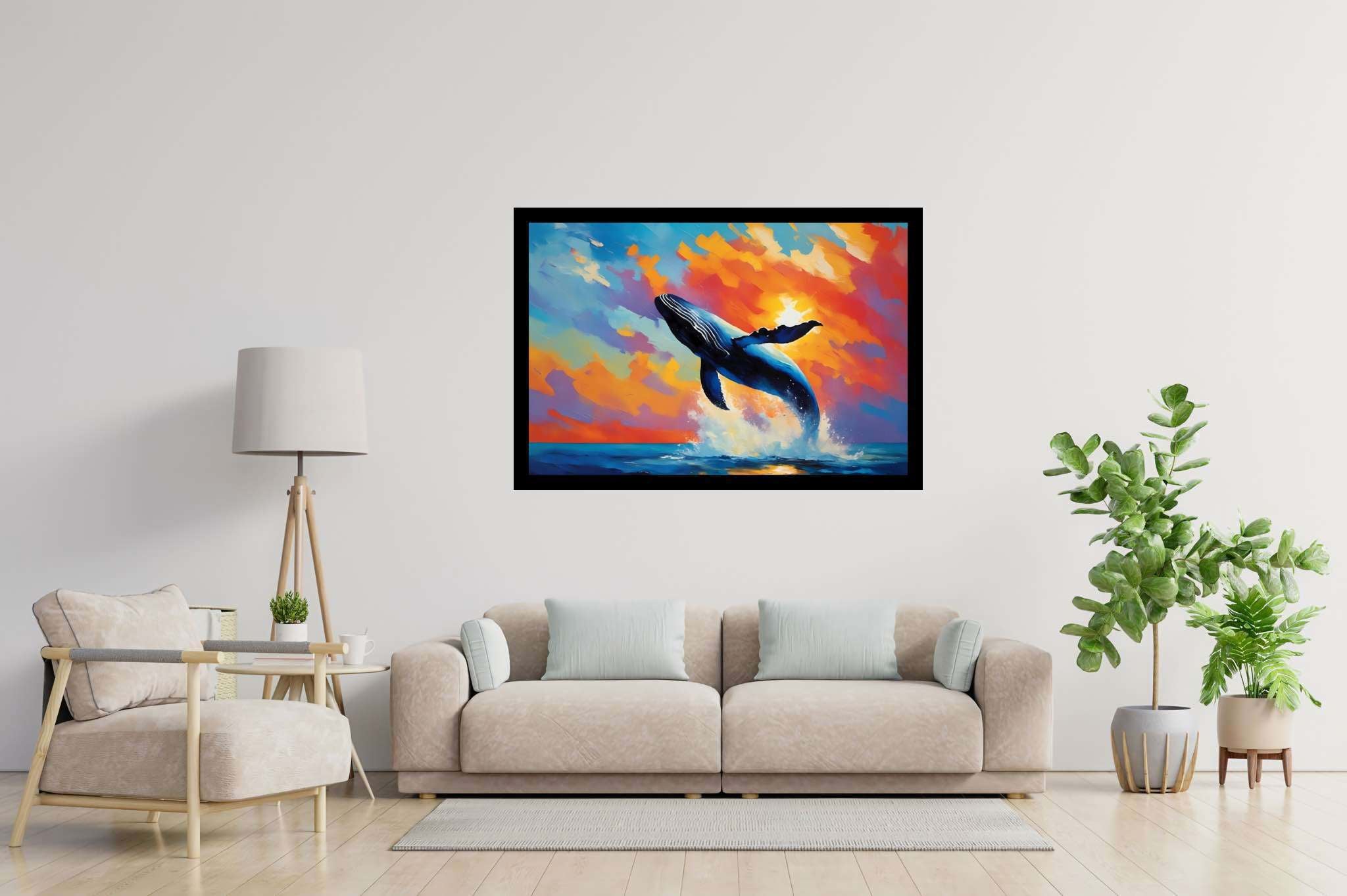 Sunset leviathan's leap: Whale art with ocean-inspired artwork, in a room with minimalist approach, fine art prints, and luxe decor. The art can be printed on poster, framed poster, canvas, metal, acrylic or wood, exclusively at WallArtZen. Find this exact print at https://wallartzen.com/waz258