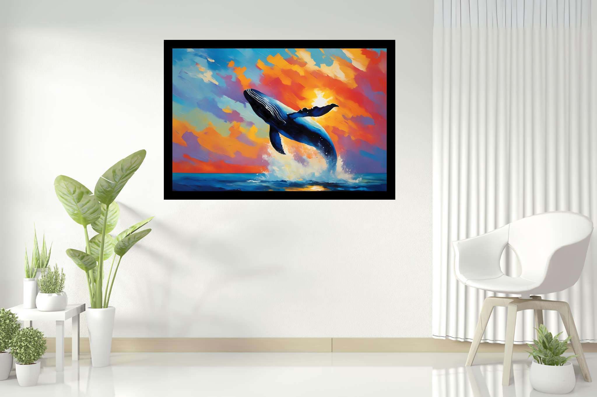 Sunset leviathan's leap: Whale art with whale tail sculptures, in a room with elegant layout, mural artworks, and elegant home goods. The art can be printed on poster, framed poster, canvas, metal, acrylic or wood, exclusively at WallArtZen. Find this exact print at https://wallartzen.com/waz258