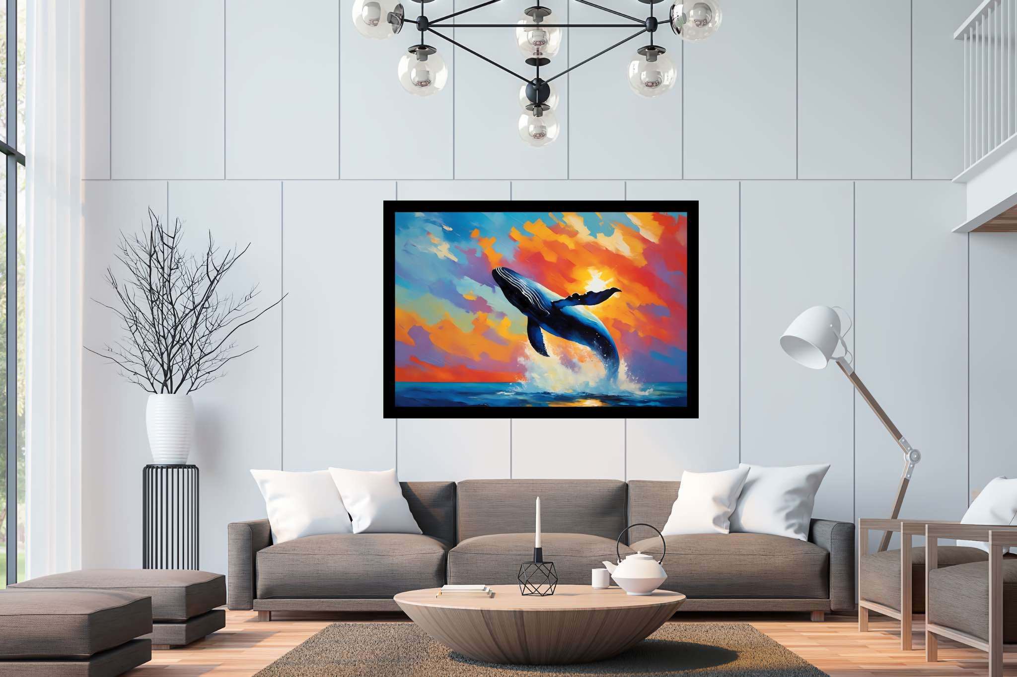 Sunset leviathan's leap: Whale art with marine mammal illustrations, in a room with artistic style, abstract paintings, and designer furniture. The art can be printed on poster, framed poster, canvas, metal, acrylic or wood, exclusively at WallArtZen. Find this exact print at https://wallartzen.com/waz258