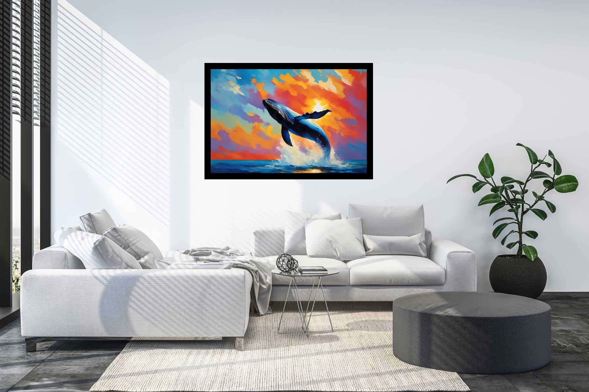 Sunset leviathan's leap: Whale art with marine nature, in a room with elegant layout, digital art pieces, and decorative pieces. The art can be printed on poster, framed poster, canvas, metal, acrylic or wood, exclusively at WallArtZen. Find this exact print at https://wallartzen.com/waz258