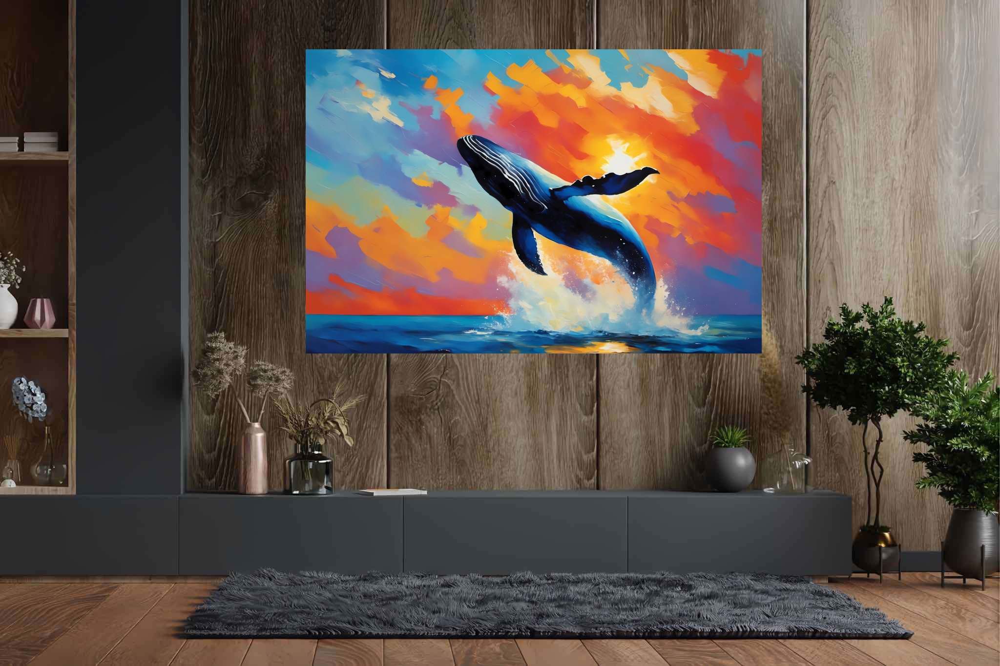 Sunset leviathan's leap: Whale art with whale art, in a room with artistic style, framed art, and luxe decor. The art can be printed on poster, framed poster, canvas, metal, acrylic or wood, exclusively at WallArtZen. Find this exact print at https://wallartzen.com/waz258