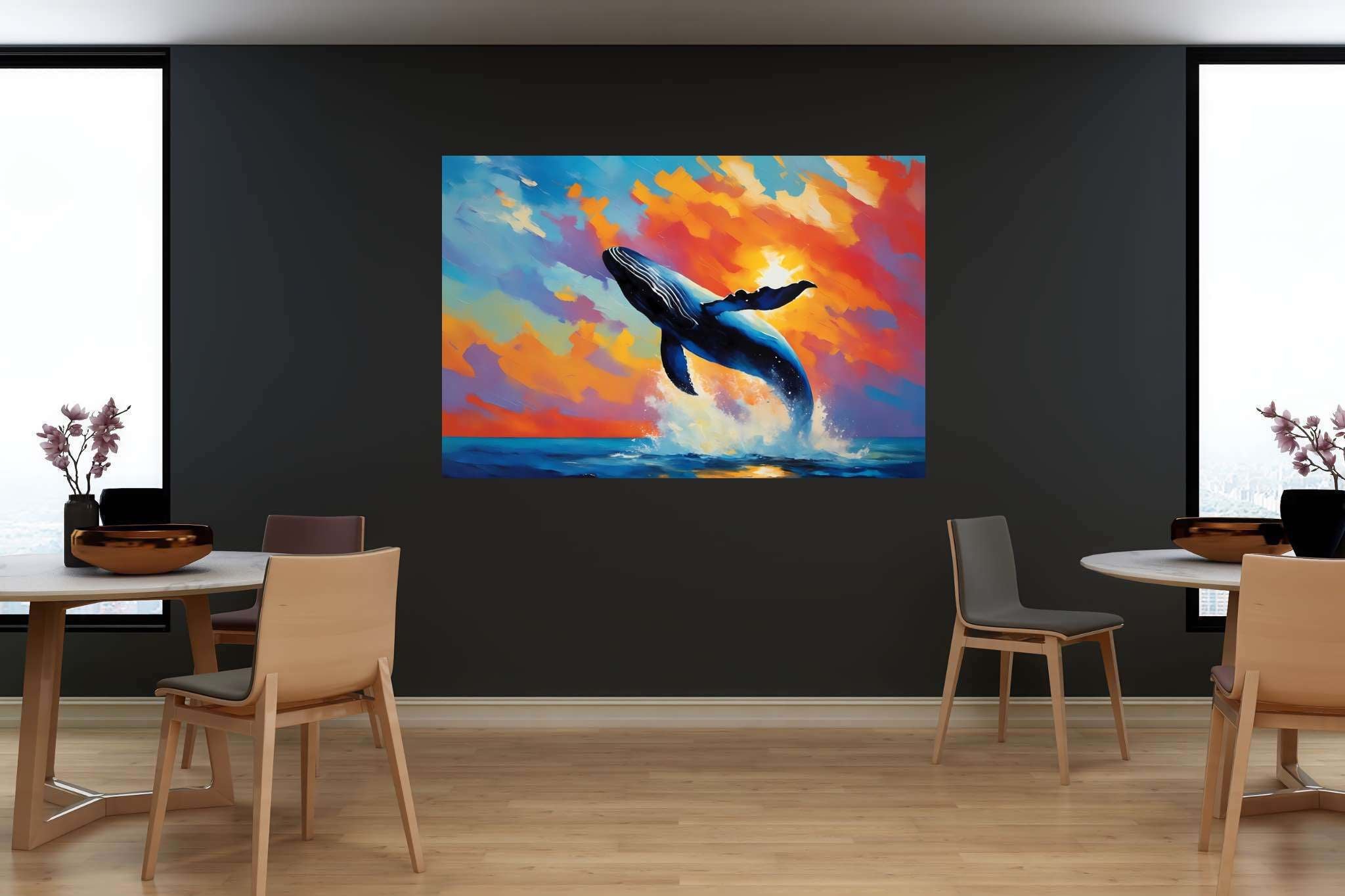 Sunset leviathan's leap: Whale art with aquatic animals, in a room with classic elegance, fine art prints, and decorative pieces. The art can be printed on poster, framed poster, canvas, metal, acrylic or wood, exclusively at WallArtZen. Find this exact print at https://wallartzen.com/waz258