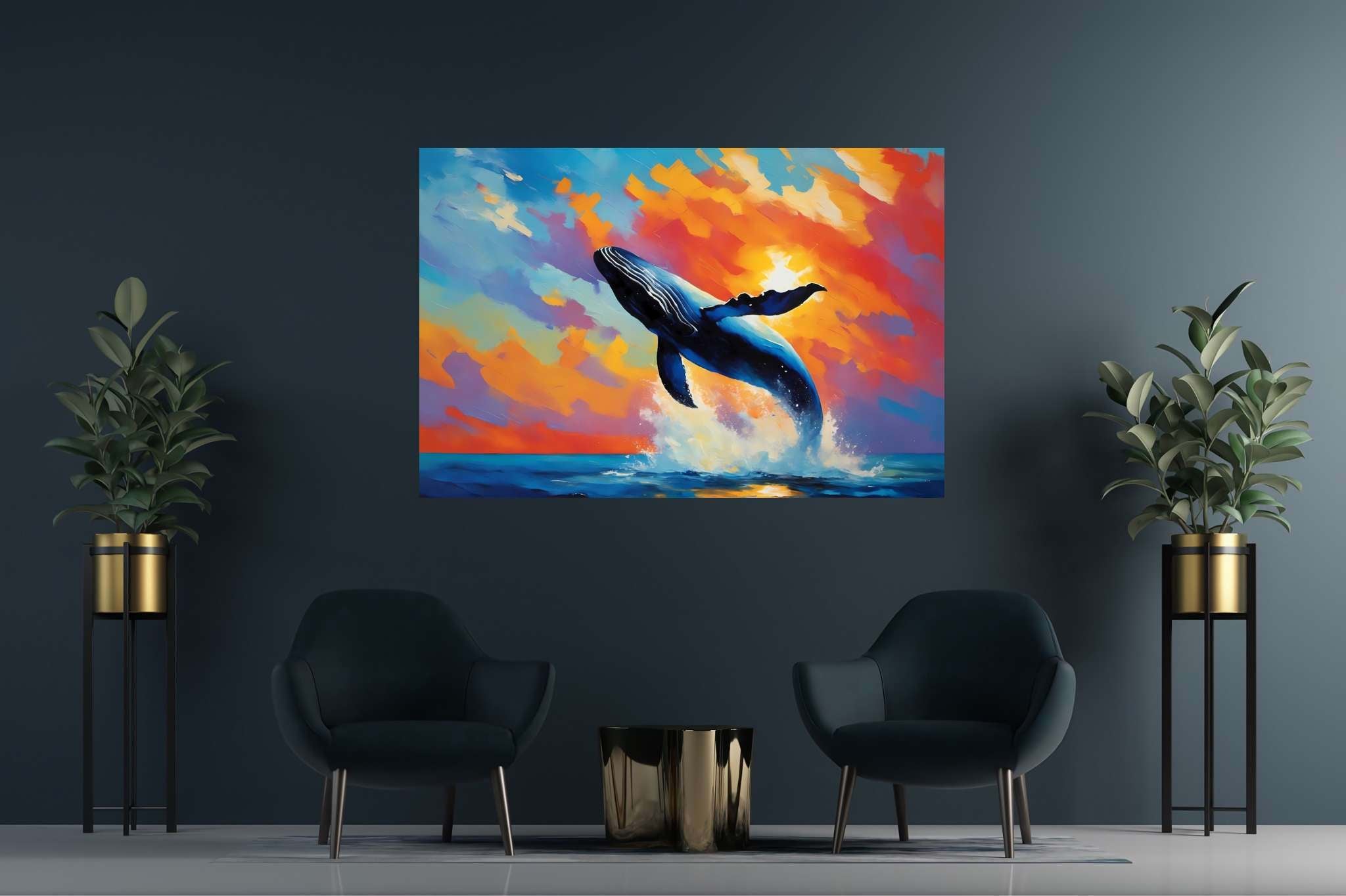 Sunset leviathan's leap: Whale art with whale art, in a room with minimalist approach, wall art, and artisan decor. The art can be printed on poster, framed poster, canvas, metal, acrylic or wood, exclusively at WallArtZen. Find this exact print at https://wallartzen.com/waz258
