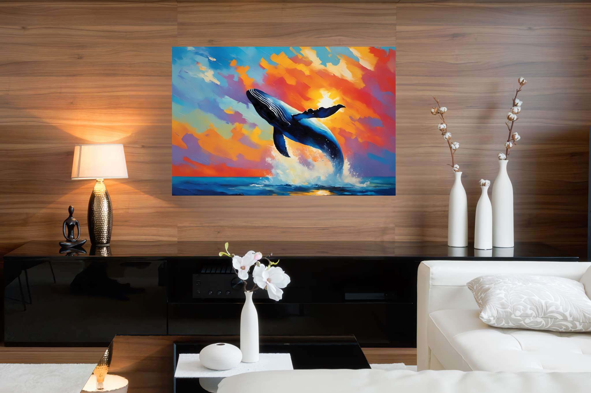 Sunset leviathan's leap: Whale art with deep sea exploration, in a room with chic decor, framed art, and home furnishings. The art can be printed on poster, framed poster, canvas, metal, acrylic or wood, exclusively at WallArtZen. Find this exact print at https://wallartzen.com/waz258