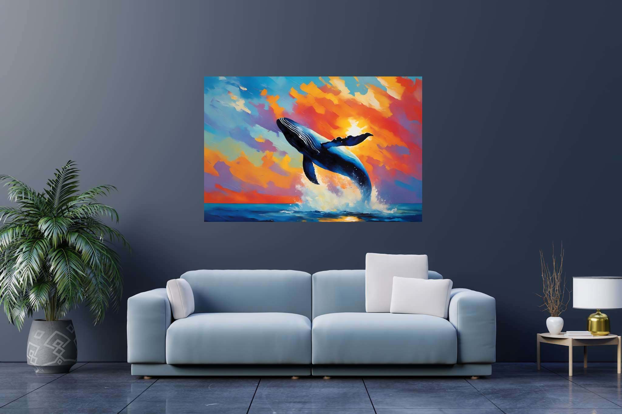 Sunset leviathan's leap: Whale art with whale tail sculptures, in a room with urban design, bespoke art designs, and designer furniture. The art can be printed on poster, framed poster, canvas, metal, acrylic or wood, exclusively at WallArtZen. Find this exact print at https://wallartzen.com/waz258