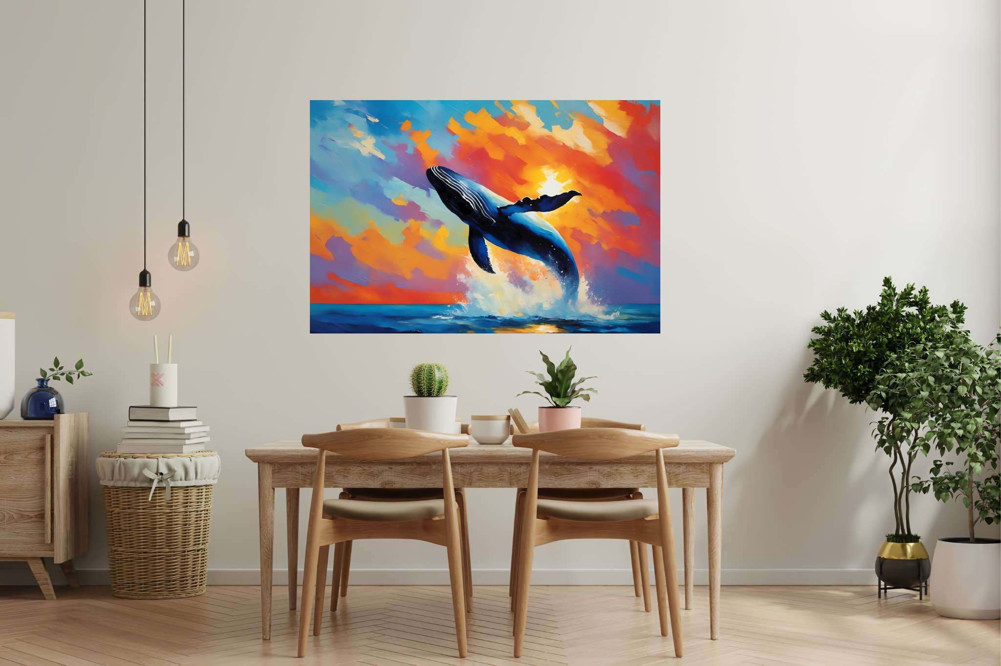 Sunset leviathan's leap: Whale art with maritime artwork, in a room with classic elegance, bespoke art designs, and decorative pieces. The art can be printed on poster, framed poster, canvas, metal, acrylic or wood, exclusively at WallArtZen. Find this exact print at https://wallartzen.com/waz258