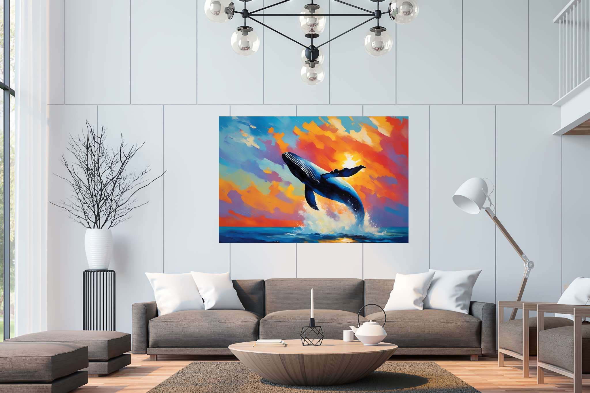 Sunset leviathan's leap: Whale art with maritime artwork, in a room with innovative layout, framed art, and home styling items. The art can be printed on poster, framed poster, canvas, metal, acrylic or wood, exclusively at WallArtZen. Find this exact print at https://wallartzen.com/waz258