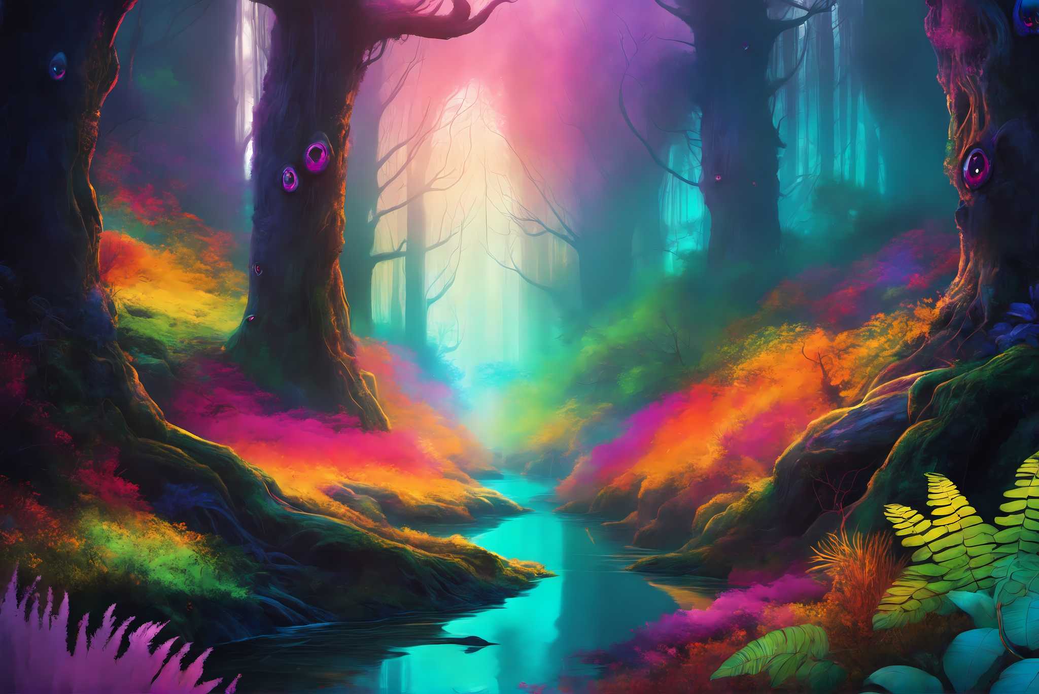 Chromatic symphony woods: Colorful forest art with colorful nature artwork, in a room with innovative layout, canvas prints, and decorative pieces. The art can be printed on poster, framed poster, canvas, metal, acrylic or wood, exclusively at WallArtZen. Find this exact print at https://wallartzen.com/waz259