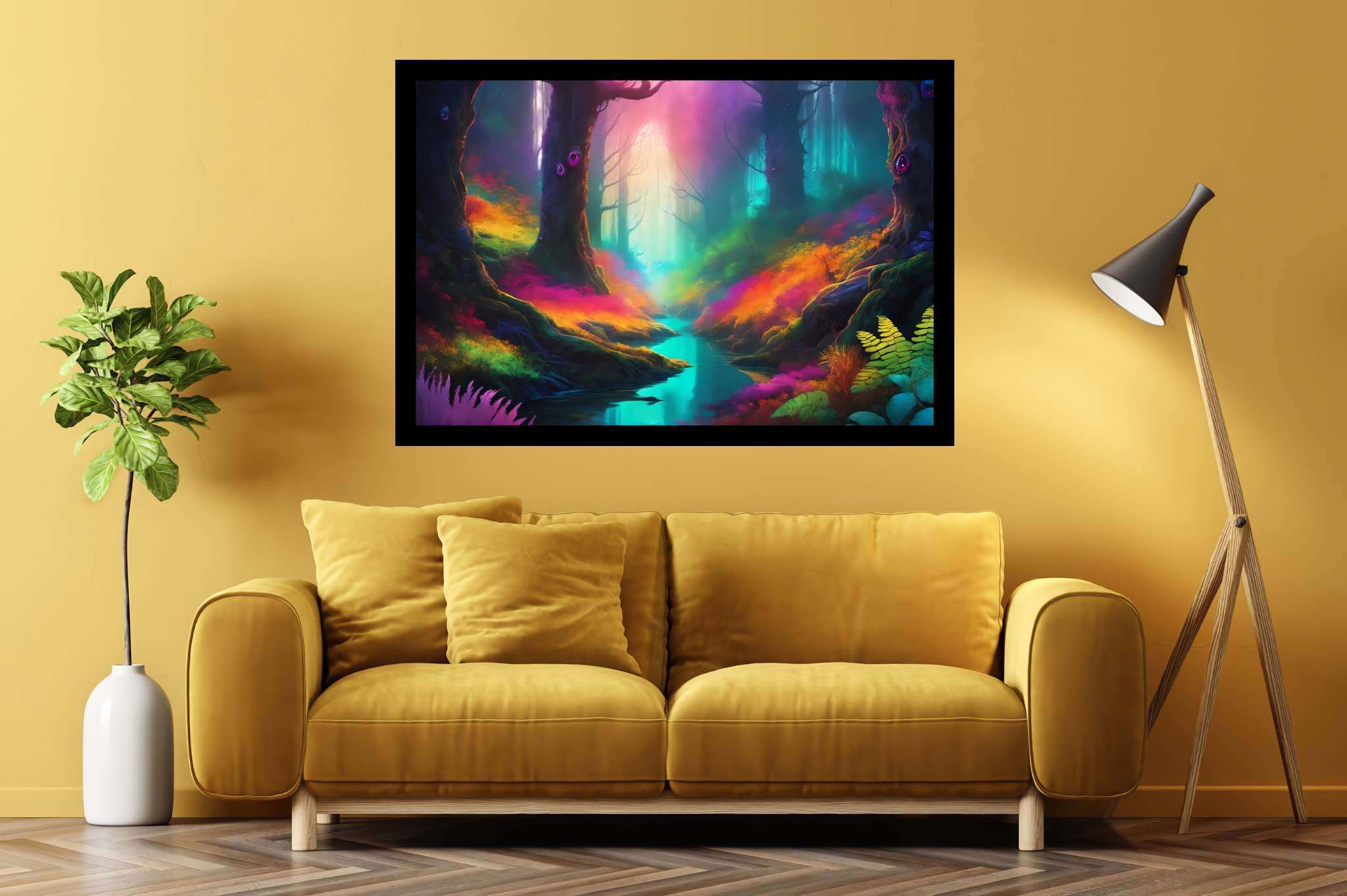 Chromatic symphony woods: Colorful forest art with colorful tree art, in a room with chic decor, wall hangings, and artisan decor. The art can be printed on poster, framed poster, canvas, metal, acrylic or wood, exclusively at WallArtZen. Find this exact print at https://wallartzen.com/waz259