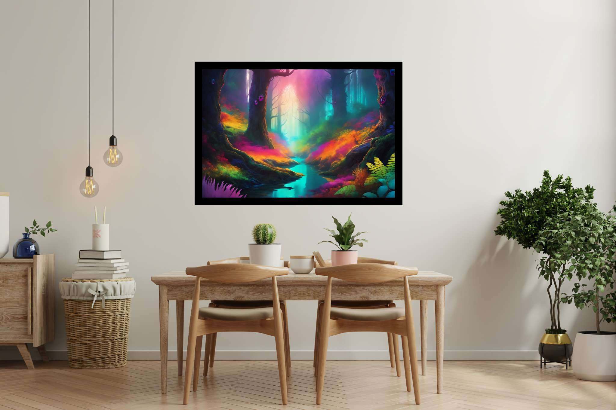 Chromatic symphony woods: Colorful forest art with colorful forest landscapes, in a room with urban design, digital art pieces, and stylish accessories. The art can be printed on poster, framed poster, canvas, metal, acrylic or wood, exclusively at WallArtZen. Find this exact print at https://wallartzen.com/waz259