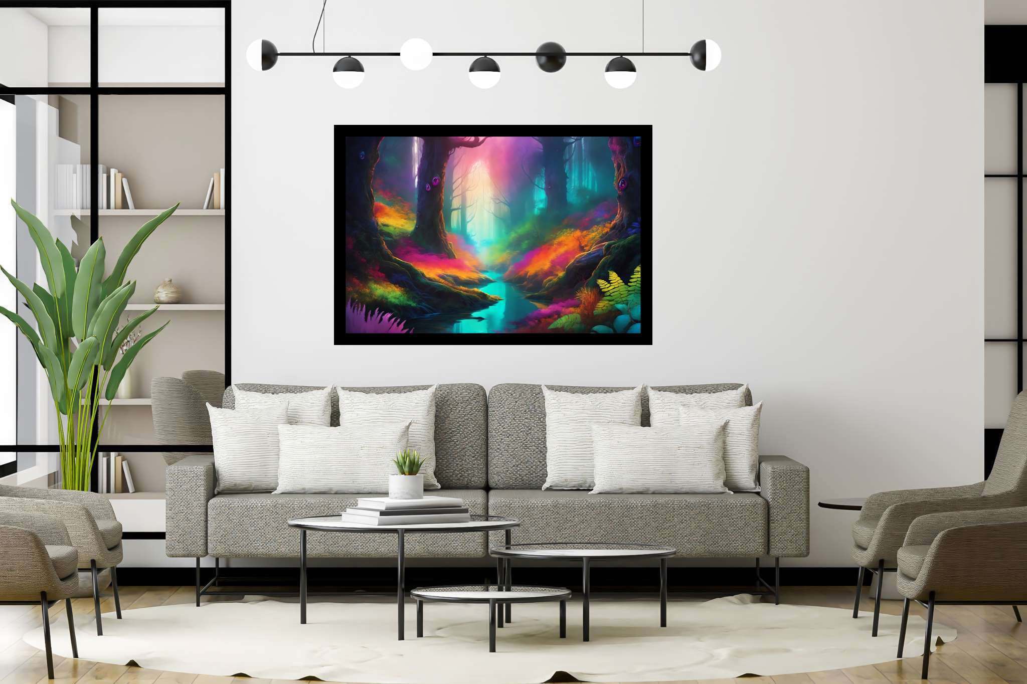 Chromatic symphony woods: Colorful forest art with colorful forest art, in a room with modern style, canvas prints, and home styling items. The art can be printed on poster, framed poster, canvas, metal, acrylic or wood, exclusively at WallArtZen. Find this exact print at https://wallartzen.com/waz259