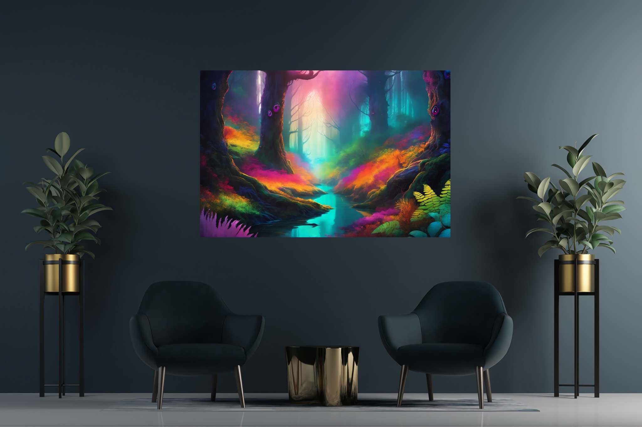 Chromatic symphony woods: Colorful forest art with colorful forest landscapes, in a room with innovative layout, fine art prints, and trendy home accents. The art can be printed on poster, framed poster, canvas, metal, acrylic or wood, exclusively at WallArtZen. Find this exact print at https://wallartzen.com/waz259