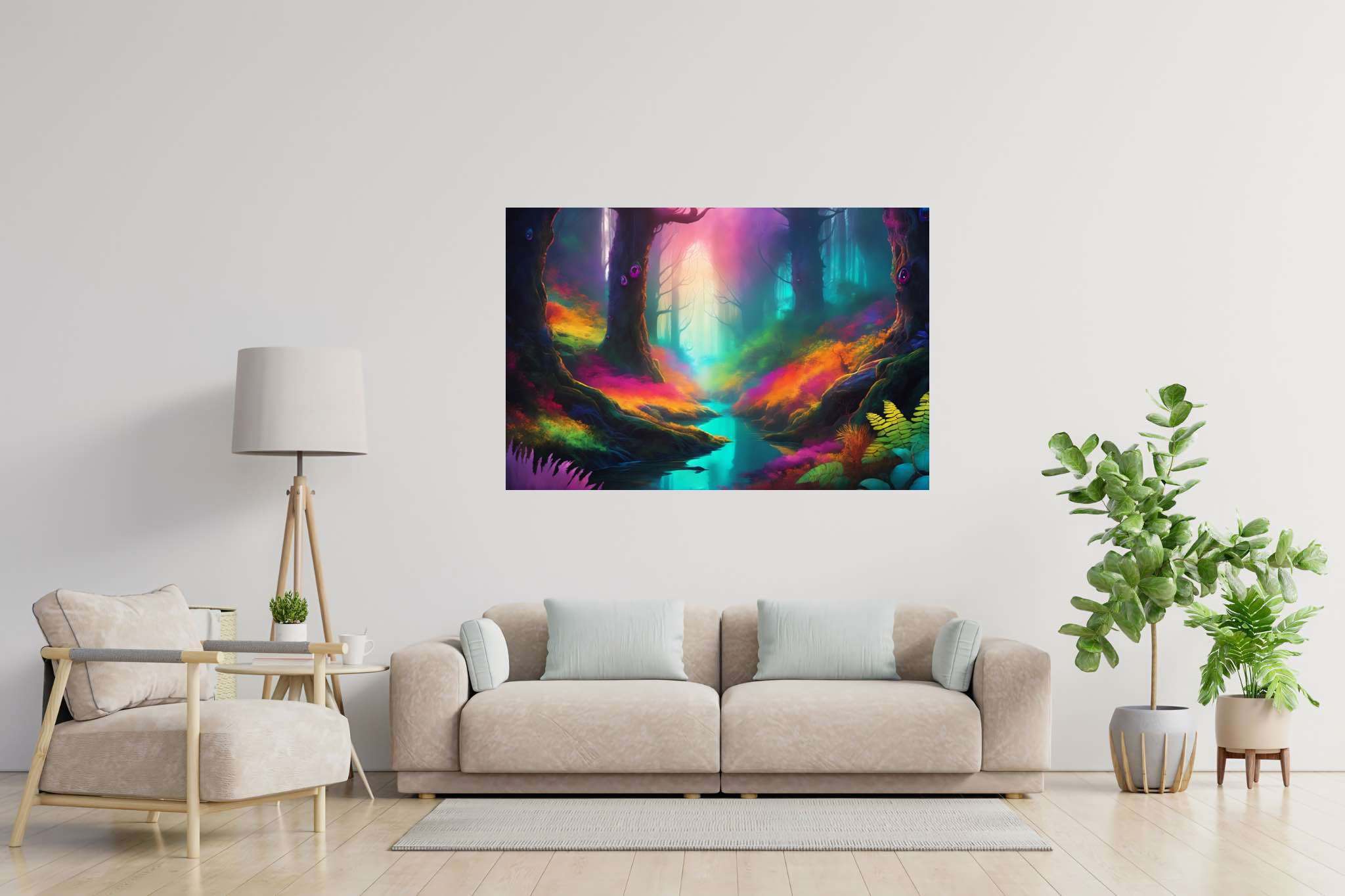 Chromatic symphony woods: Colorful forest art with colorful nature artwork, in a room with modern style, wall hangings, and artisan decor. The art can be printed on poster, framed poster, canvas, metal, acrylic or wood, exclusively at WallArtZen. Find this exact print at https://wallartzen.com/waz259