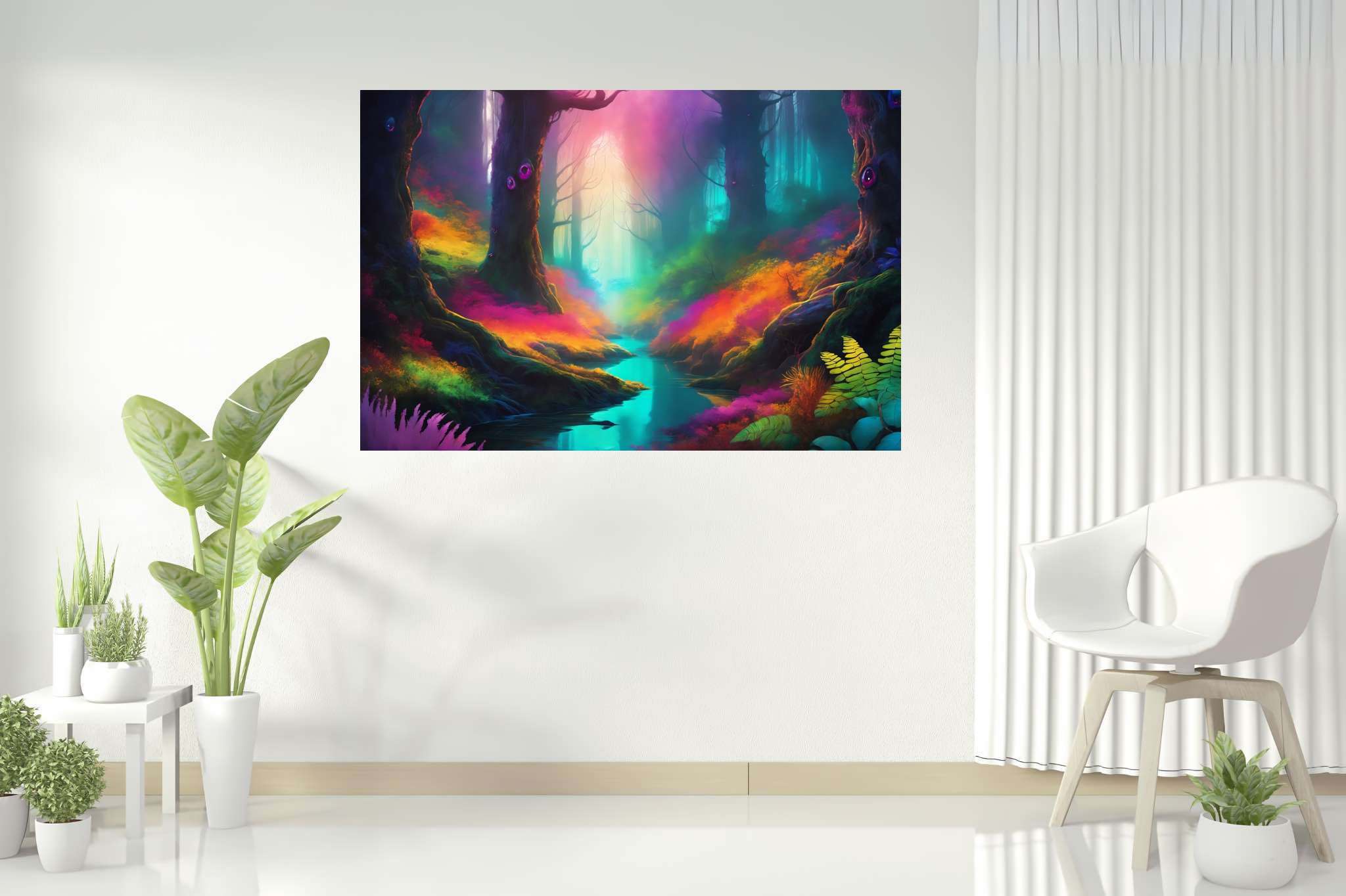 Chromatic symphony woods: Colorful forest art with whimsical forest scenes, in a room with contemporary flair, wall hangings, and stylish accessories. The art can be printed on poster, framed poster, canvas, metal, acrylic or wood, exclusively at WallArtZen. Find this exact print at https://wallartzen.com/waz259