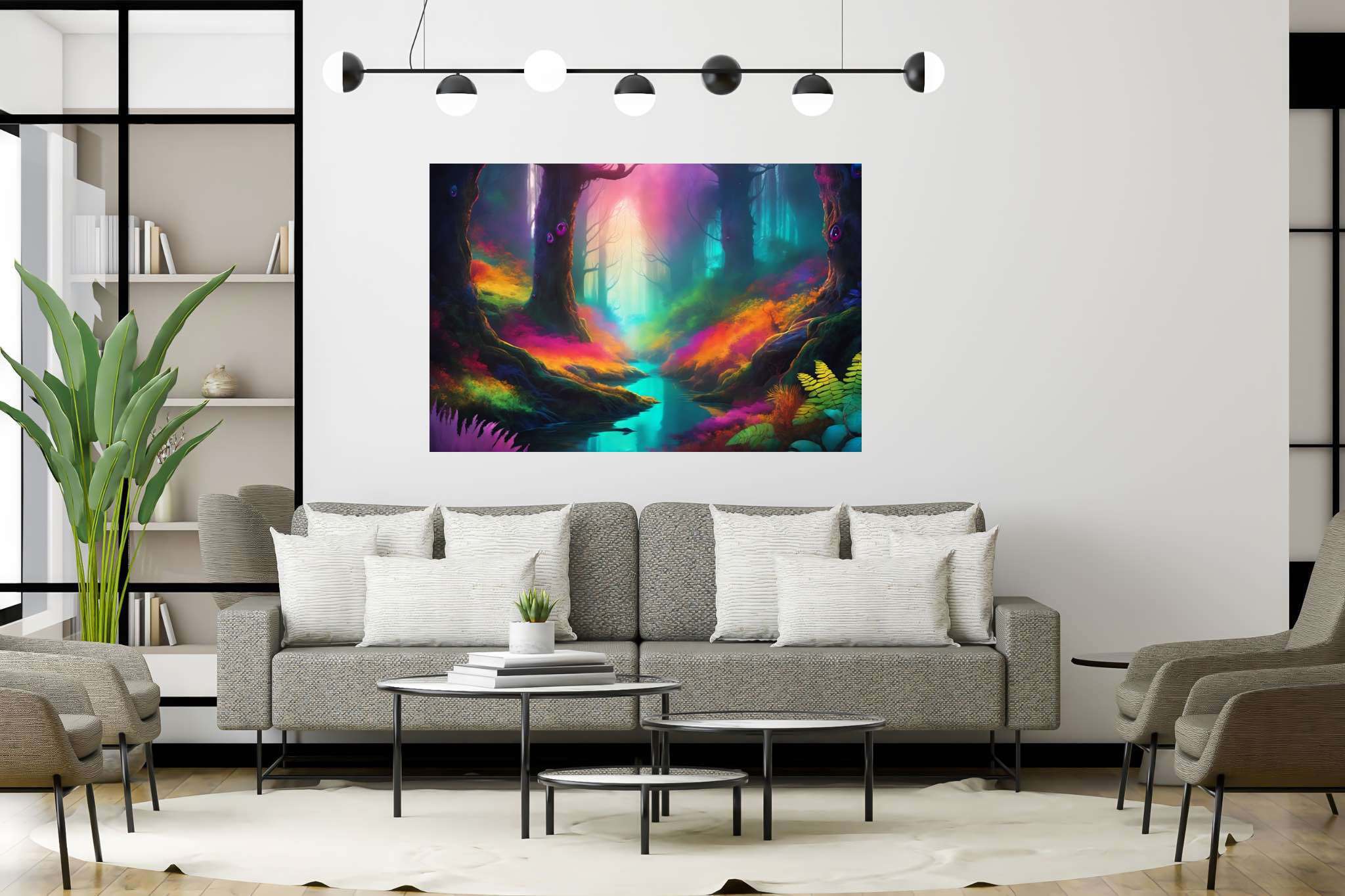 Chromatic symphony woods: Colorful forest art with colorful tree art, in a room with great design, bespoke art designs, and home styling items. The art can be printed on poster, framed poster, canvas, metal, acrylic or wood, exclusively at WallArtZen. Find this exact print at https://wallartzen.com/waz259