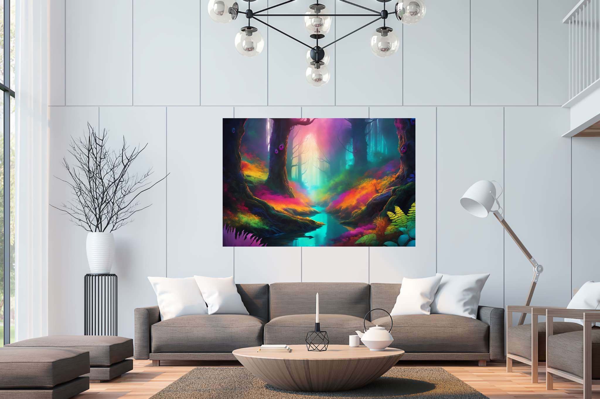 Chromatic symphony woods: Colorful forest art with colorful nature artwork, in a room with great design, gallery-quality artwork, and elegant home goods. The art can be printed on poster, framed poster, canvas, metal, acrylic or wood, exclusively at WallArtZen. Find this exact print at https://wallartzen.com/waz259