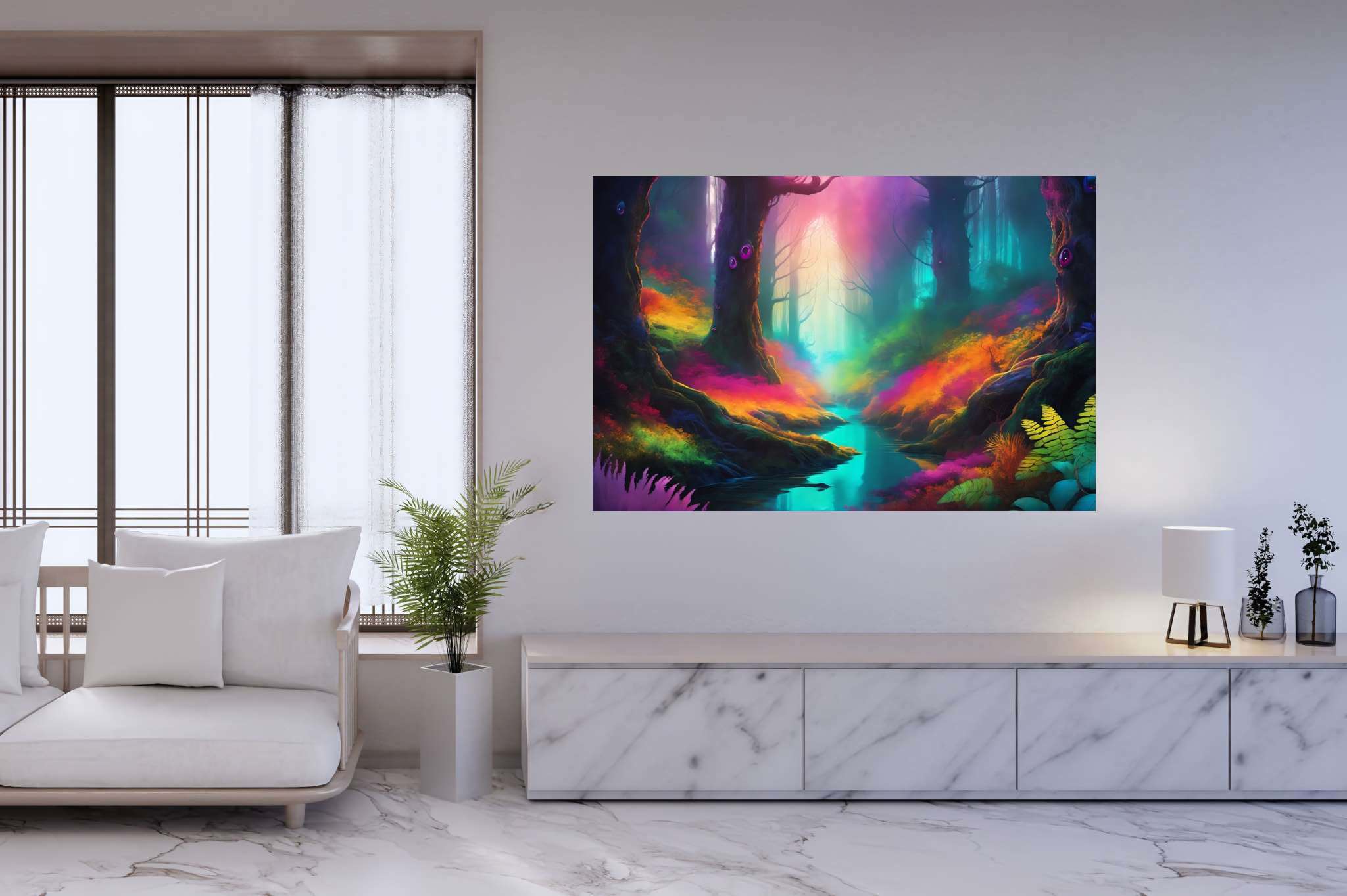 Chromatic symphony woods: Colorful forest art with vivid forest art, in a room with urban design, framed art, and stylish accessories. The art can be printed on poster, framed poster, canvas, metal, acrylic or wood, exclusively at WallArtZen. Find this exact print at https://wallartzen.com/waz259