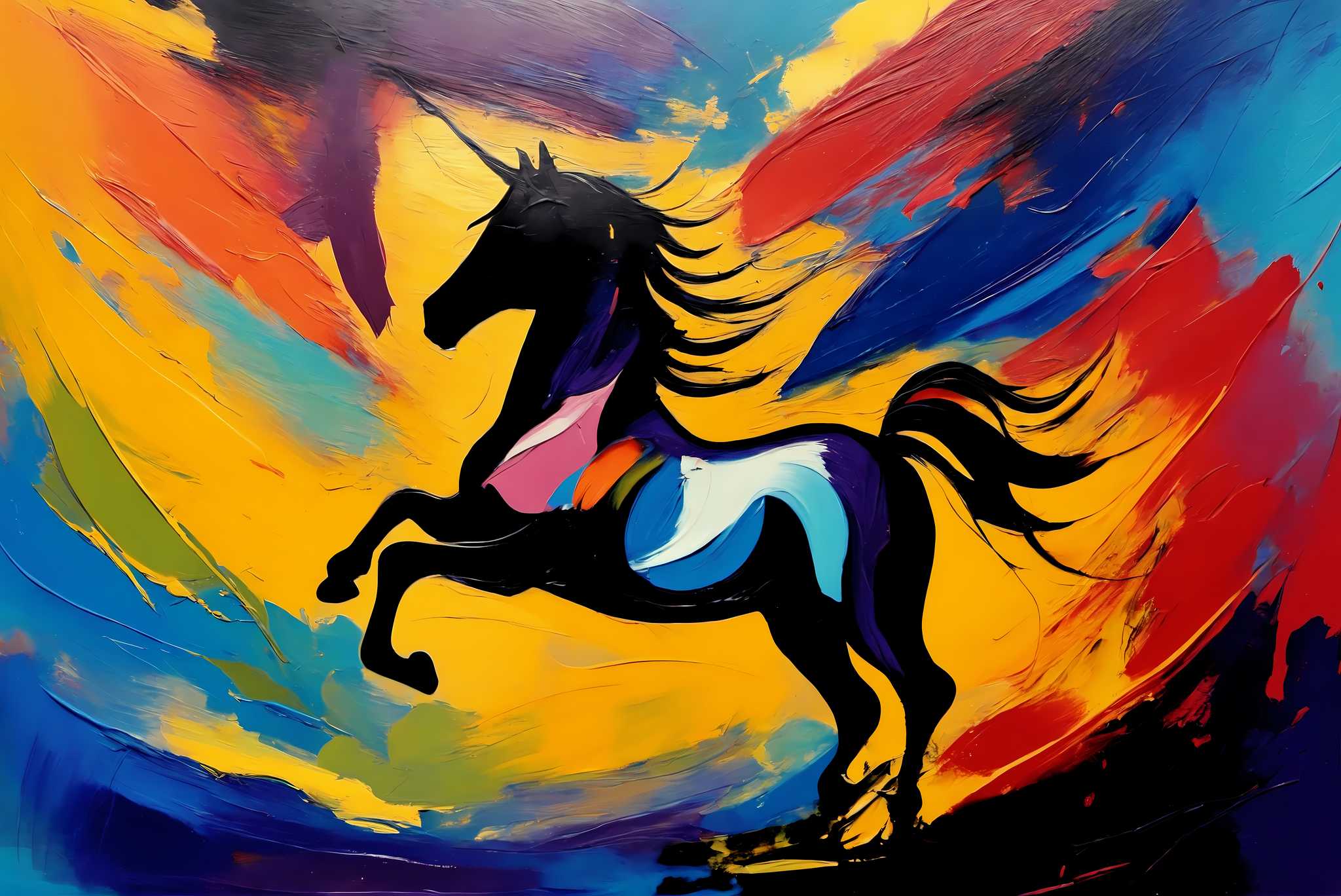 Chroma gallop dreamscape: Vibrant horse art with vibrant horse canvas, in a room with minimalist approach, photographic wall art, and artisan decor. The art can be printed on poster, framed poster, canvas, metal, acrylic or wood, exclusively at WallArtZen. Find this exact print at https://wallartzen.com/waz25