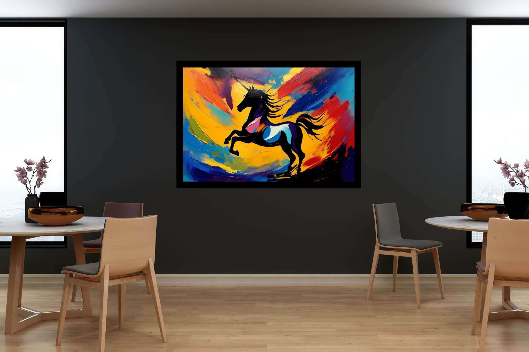 Chroma gallop dreamscape: Vibrant horse art with lively equine prints, in a room with great design, framed art, and artisan decor. The art can be printed on poster, framed poster, canvas, metal, acrylic or wood, exclusively at WallArtZen. Find this exact print at https://wallartzen.com/waz25