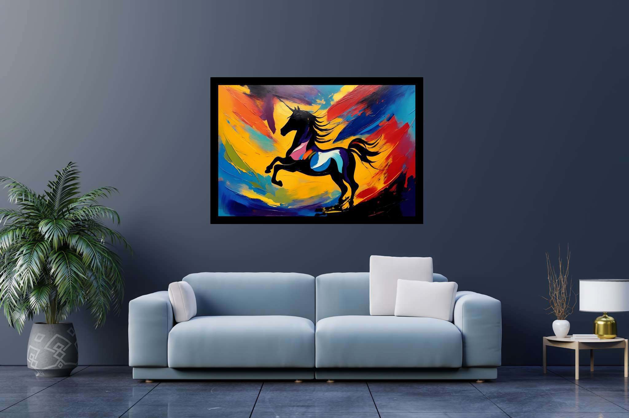 Chroma gallop dreamscape: Vibrant horse art with spirited horse drawings, in a room with minimalist approach, mural artworks, and elegant home goods. The art can be printed on poster, framed poster, canvas, metal, acrylic or wood, exclusively at WallArtZen. Find this exact print at https://wallartzen.com/waz25