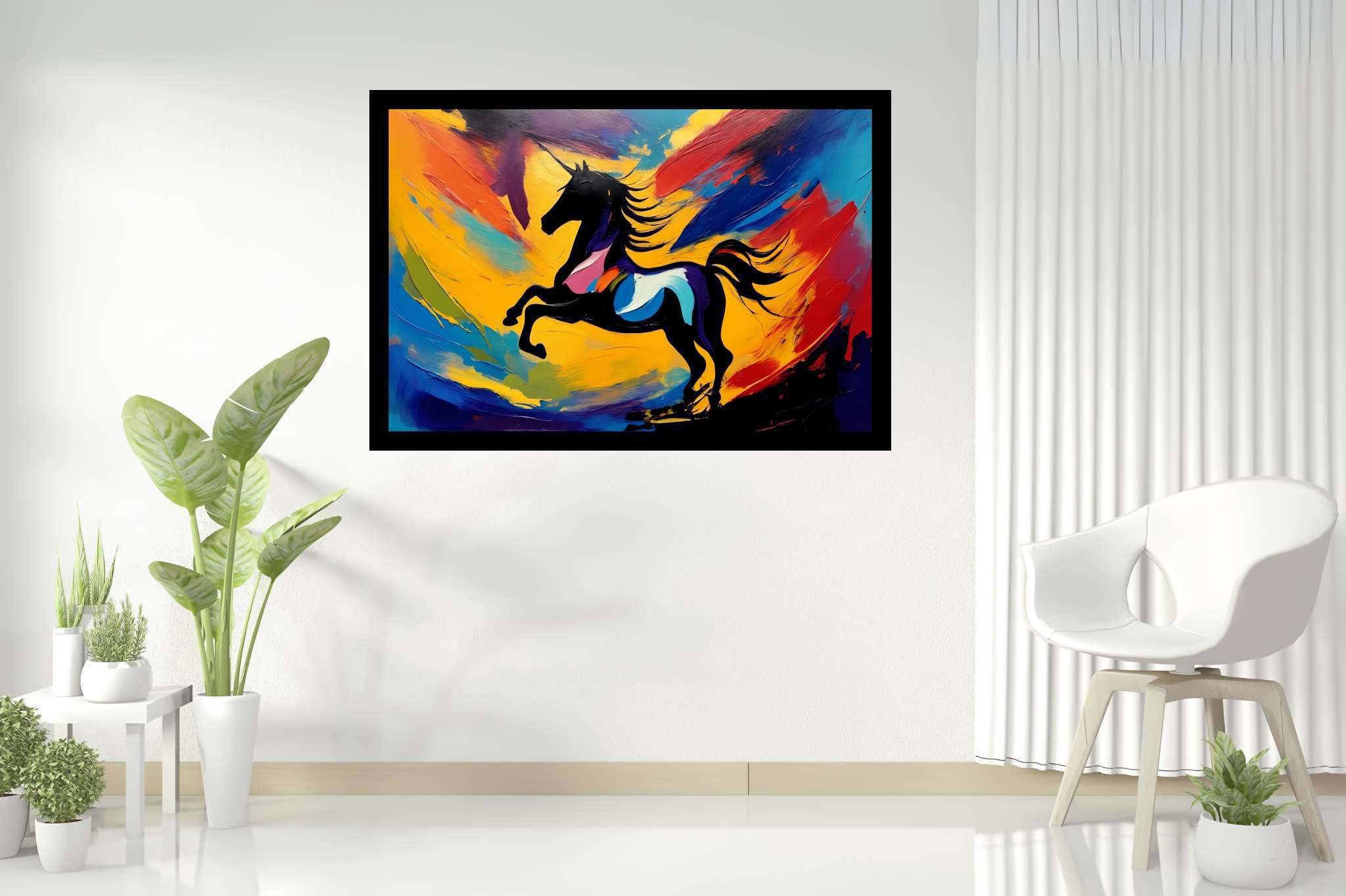 Chroma gallop dreamscape: Vibrant horse art with lively horse designs, in a room with contemporary flair, canvas prints, and artisan decor. The art can be printed on poster, framed poster, canvas, metal, acrylic or wood, exclusively at WallArtZen. Find this exact print at https://wallartzen.com/waz25