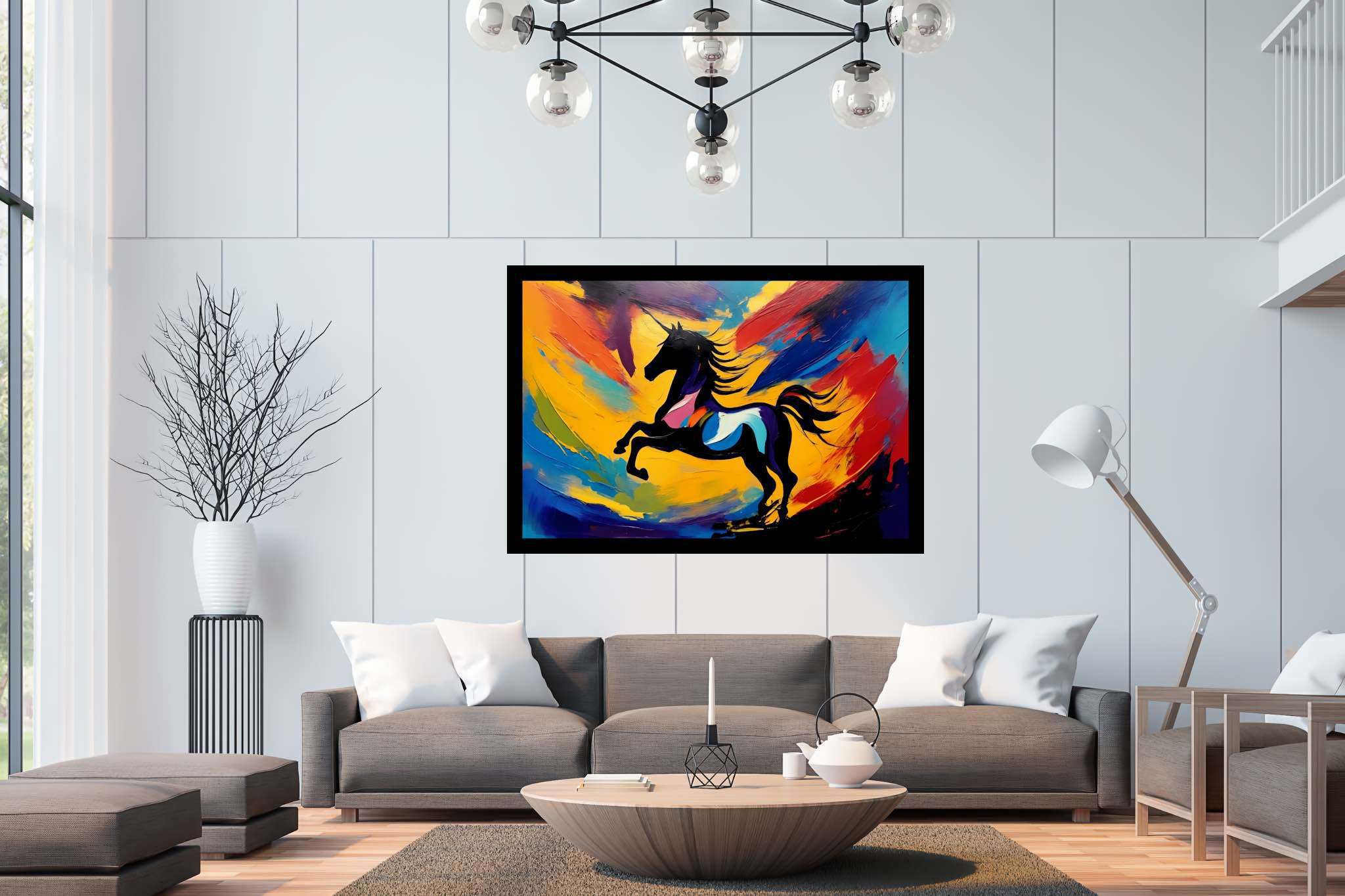 Chroma gallop dreamscape: Vibrant horse art with spirited horse illustrations, in a room with modern style, wall hangings, and elegant home goods. The art can be printed on poster, framed poster, canvas, metal, acrylic or wood, exclusively at WallArtZen. Find this exact print at https://wallartzen.com/waz25