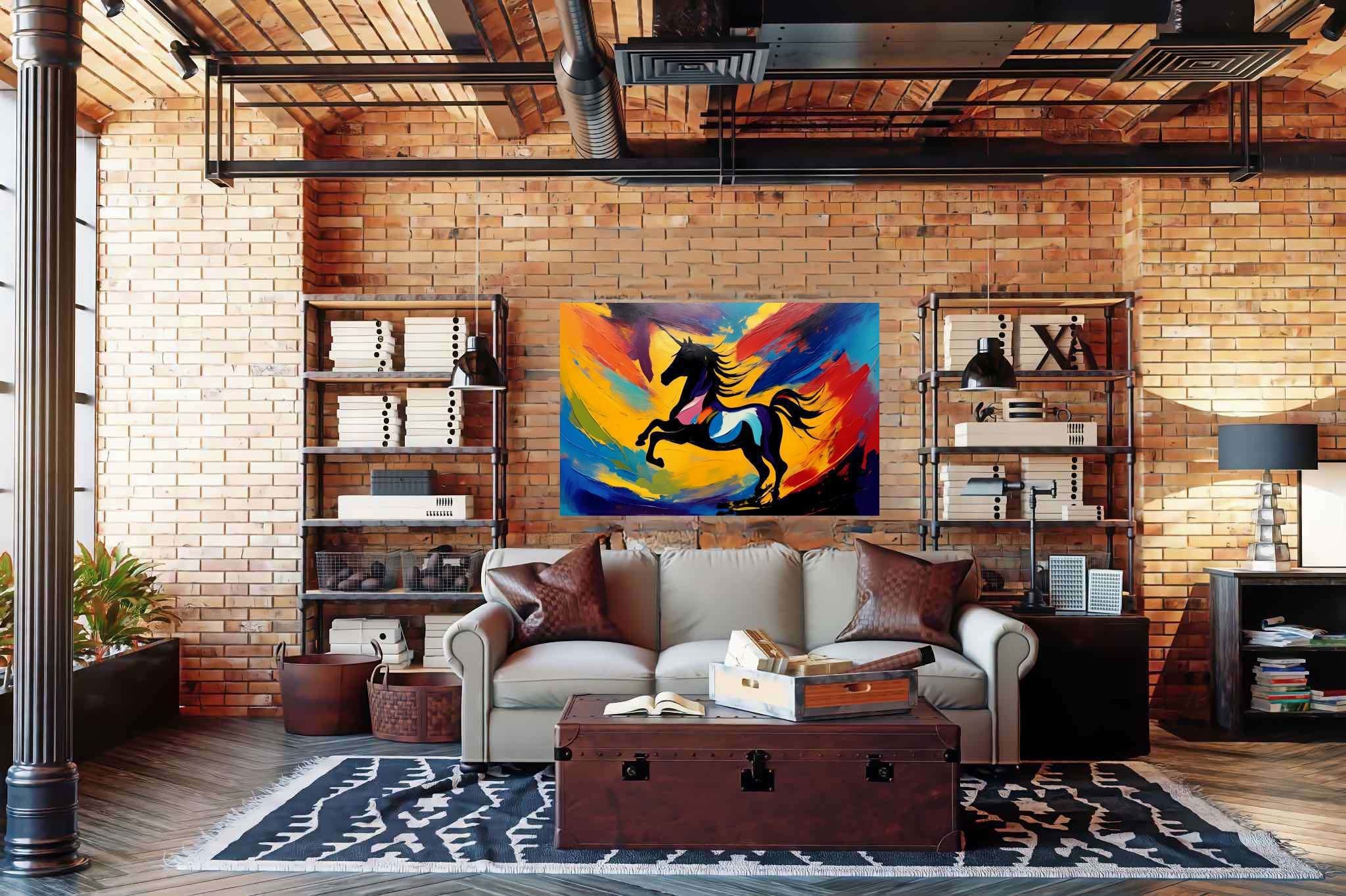 Chroma gallop dreamscape: Vibrant horse art with vibrant horse art, in a room with classic elegance, mural artworks, and stylish accessories. The art can be printed on poster, framed poster, canvas, metal, acrylic or wood, exclusively at WallArtZen. Find this exact print at https://wallartzen.com/waz25