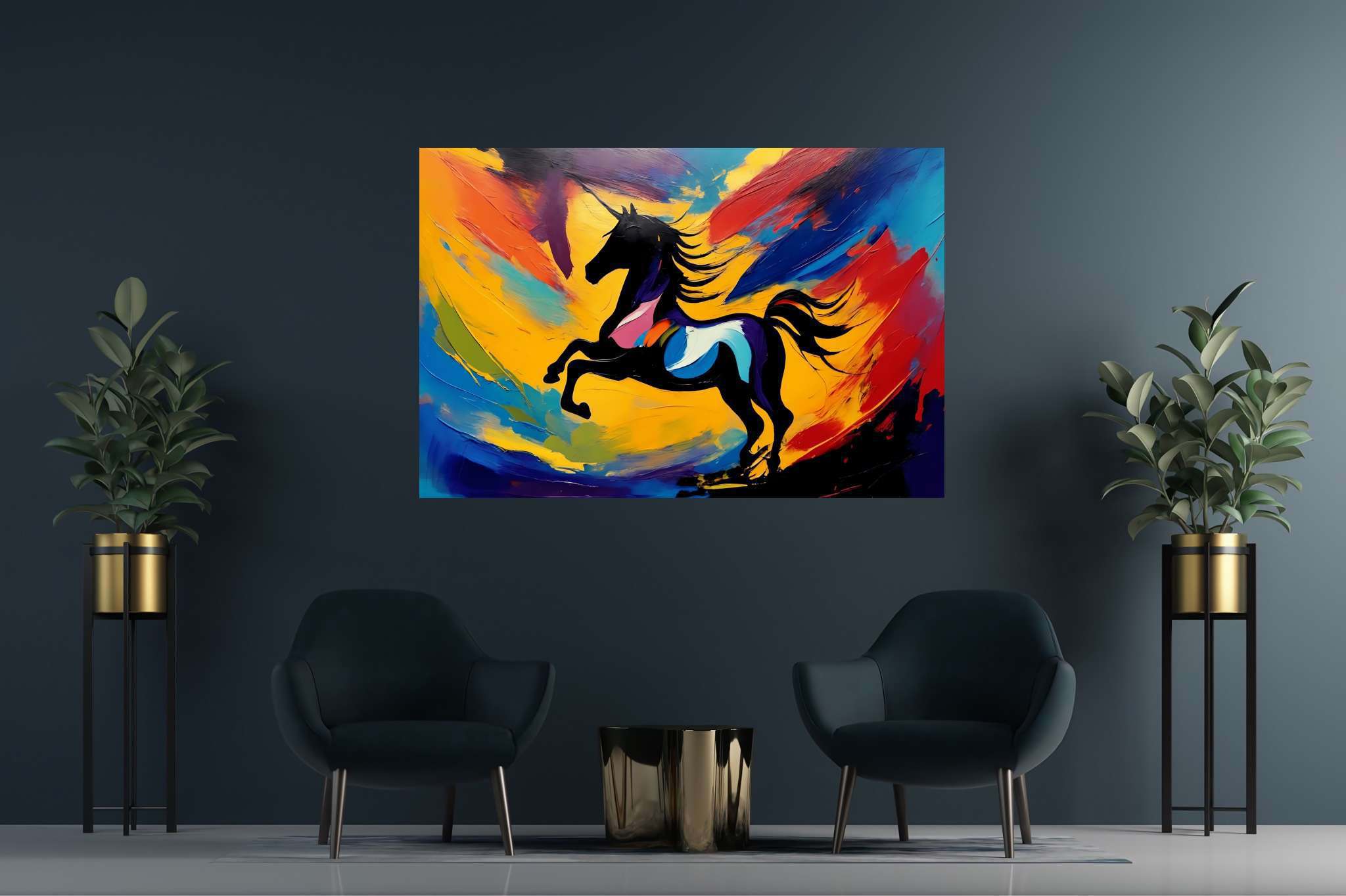 Chroma gallop dreamscape: Vibrant horse art with colorful equine paintings, in a room with elegant layout, bespoke art designs, and elegant home goods. The art can be printed on poster, framed poster, canvas, metal, acrylic or wood, exclusively at WallArtZen. Find this exact print at https://wallartzen.com/waz25
