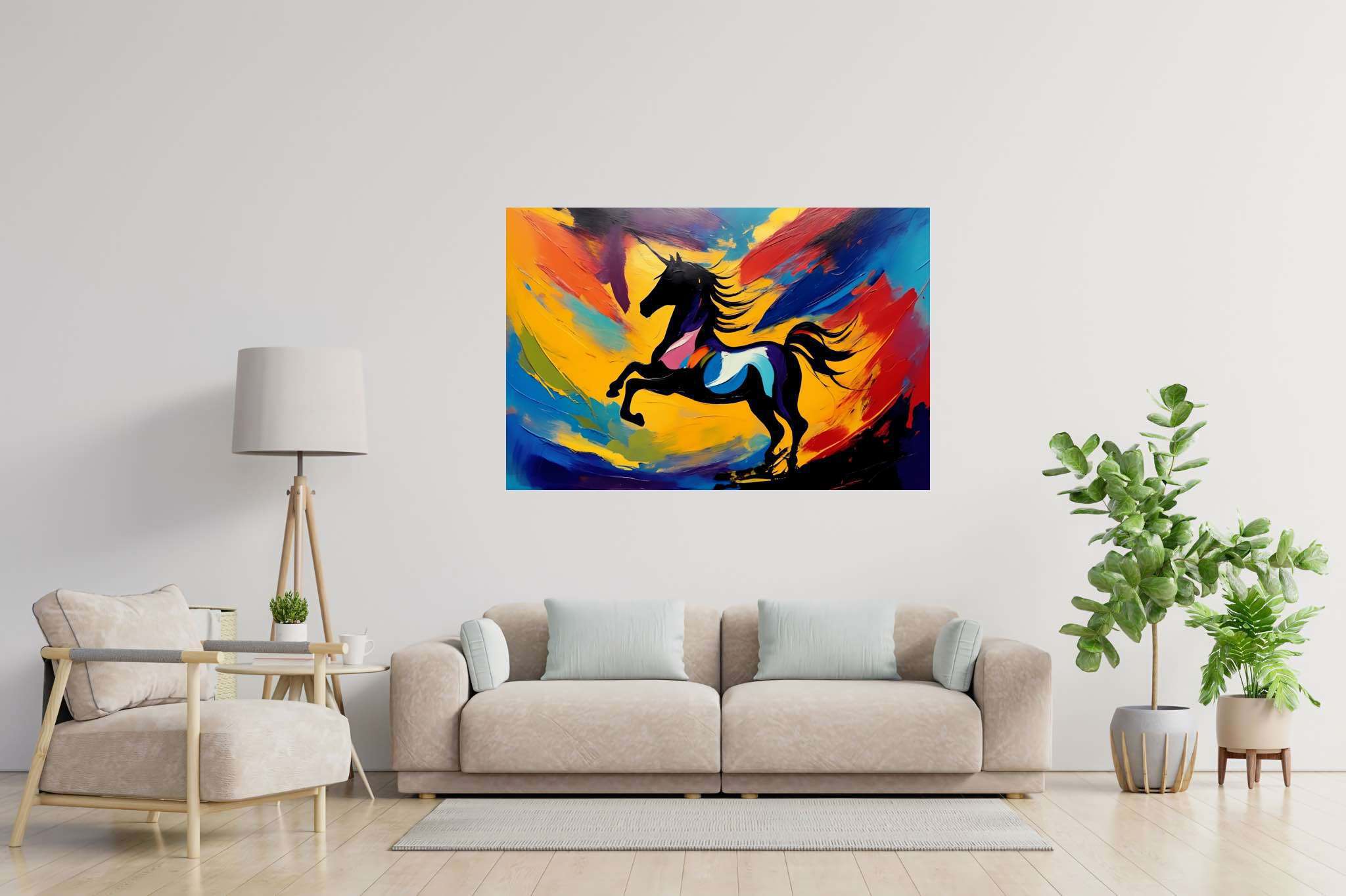 Chroma gallop dreamscape: Vibrant horse art with lively equine prints, in a room with modern style, bespoke art designs, and trendy home accents. The art can be printed on poster, framed poster, canvas, metal, acrylic or wood, exclusively at WallArtZen. Find this exact print at https://wallartzen.com/waz25