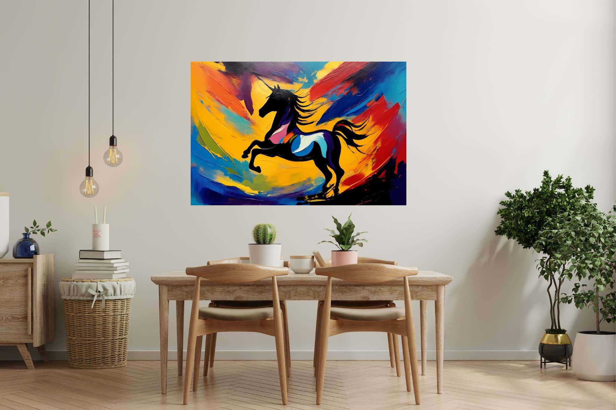Chroma gallop dreamscape: Vibrant horse art with spirited horse drawings, in a room with chic decor, wall art, and luxe decor. The art can be printed on poster, framed poster, canvas, metal, acrylic or wood, exclusively at WallArtZen. Find this exact print at https://wallartzen.com/waz25