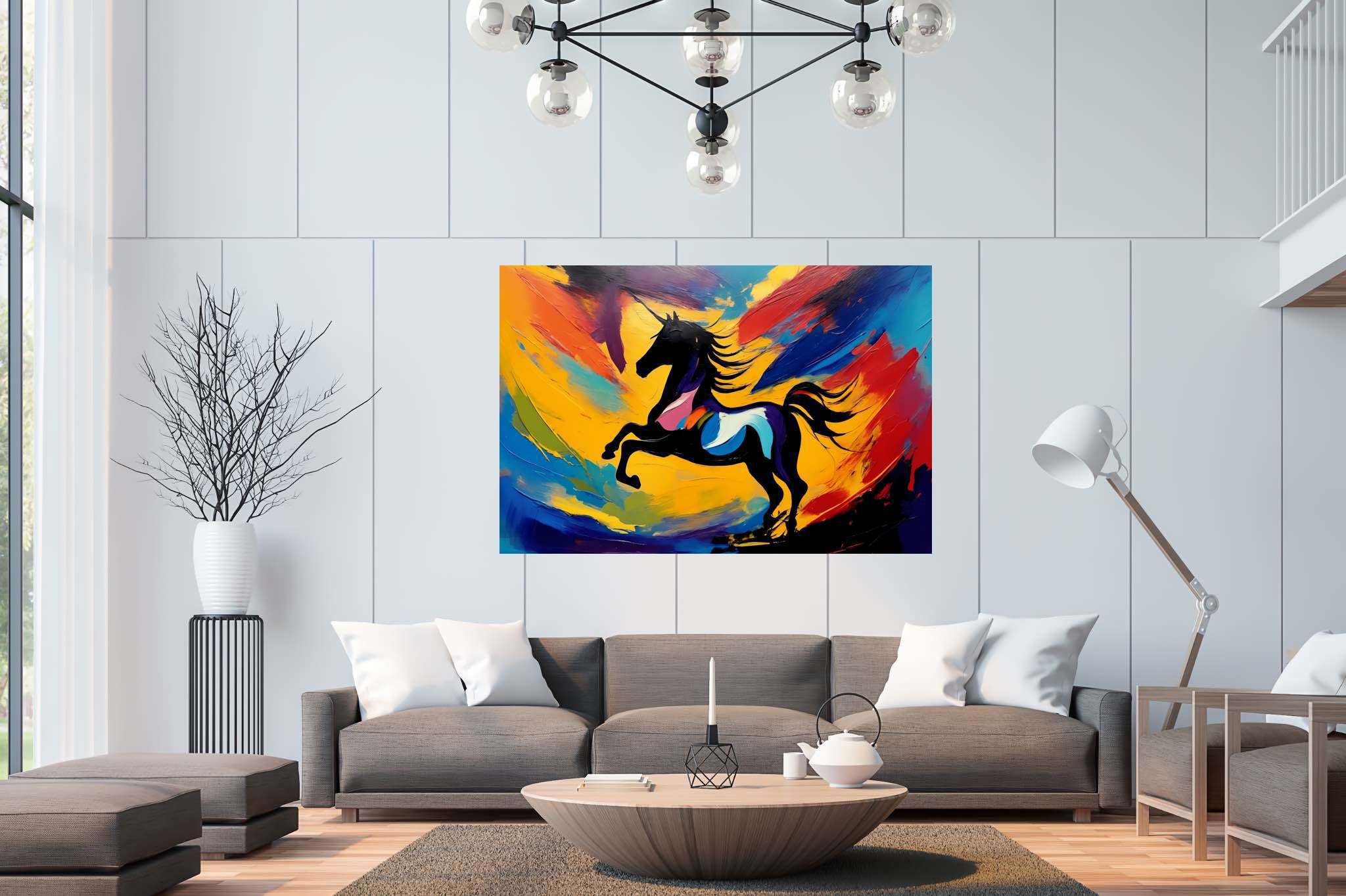 Chroma gallop dreamscape: Vibrant horse art with dynamic horse portraits, in a room with modern style, wall art, and artisan decor. The art can be printed on poster, framed poster, canvas, metal, acrylic or wood, exclusively at WallArtZen. Find this exact print at https://wallartzen.com/waz25
