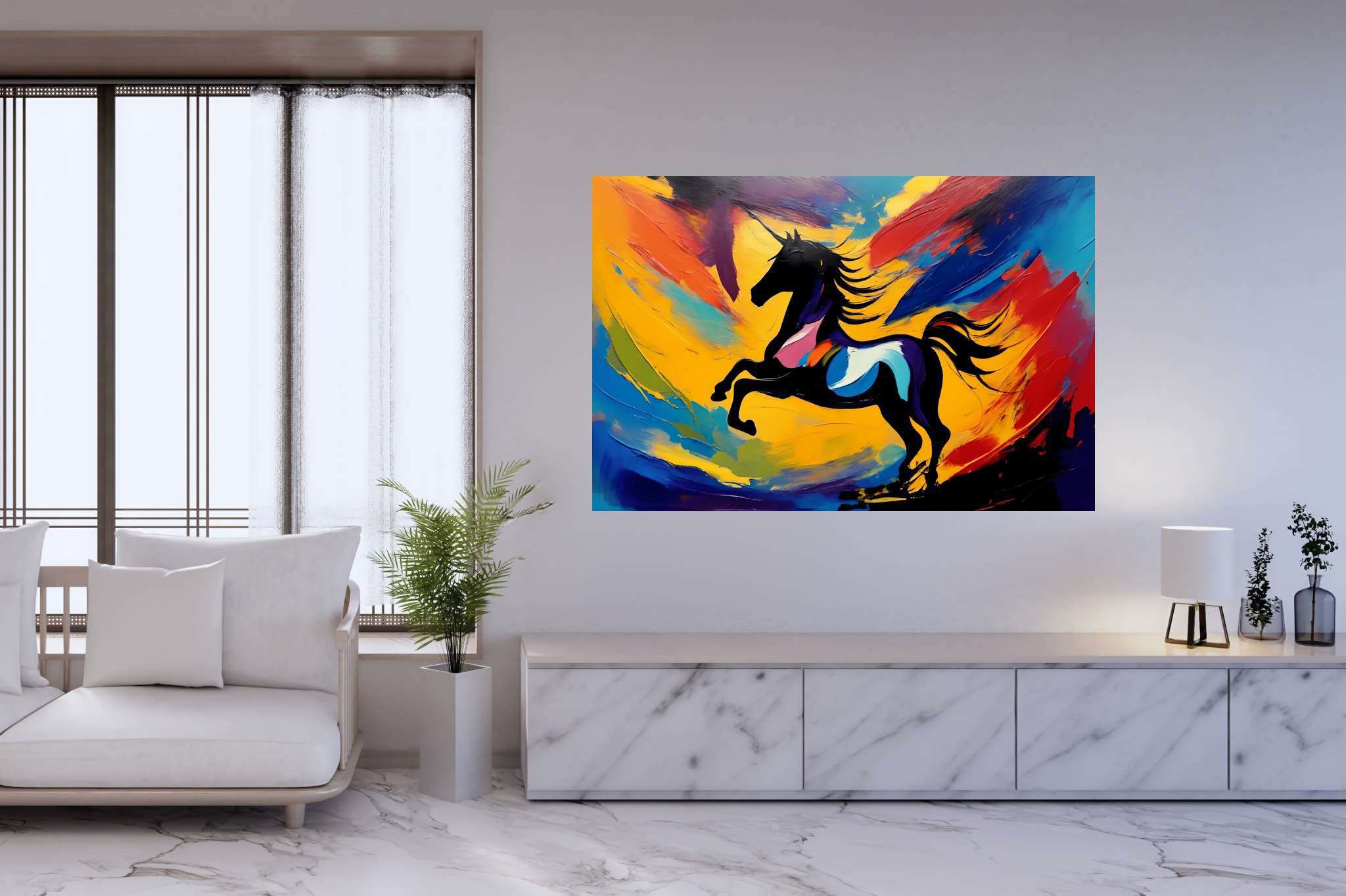 Chroma gallop dreamscape: Vibrant horse art with energetic horse artwork, in a room with contemporary flair, wall hangings, and home styling items. The art can be printed on poster, framed poster, canvas, metal, acrylic or wood, exclusively at WallArtZen. Find this exact print at https://wallartzen.com/waz25