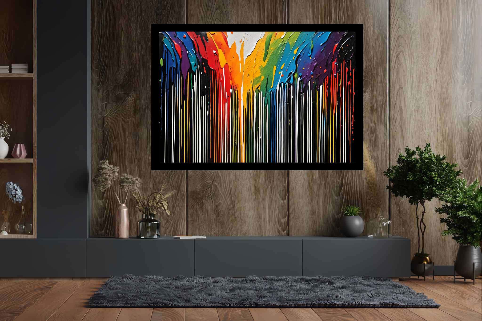Chromatic rhapsody: Abstract art with abstract photography, in a room with modern style, bespoke art designs, and home furnishings. The art can be printed on poster, framed poster, canvas, metal, acrylic or wood, exclusively at WallArtZen. Find this exact print at https://wallartzen.com/waz260