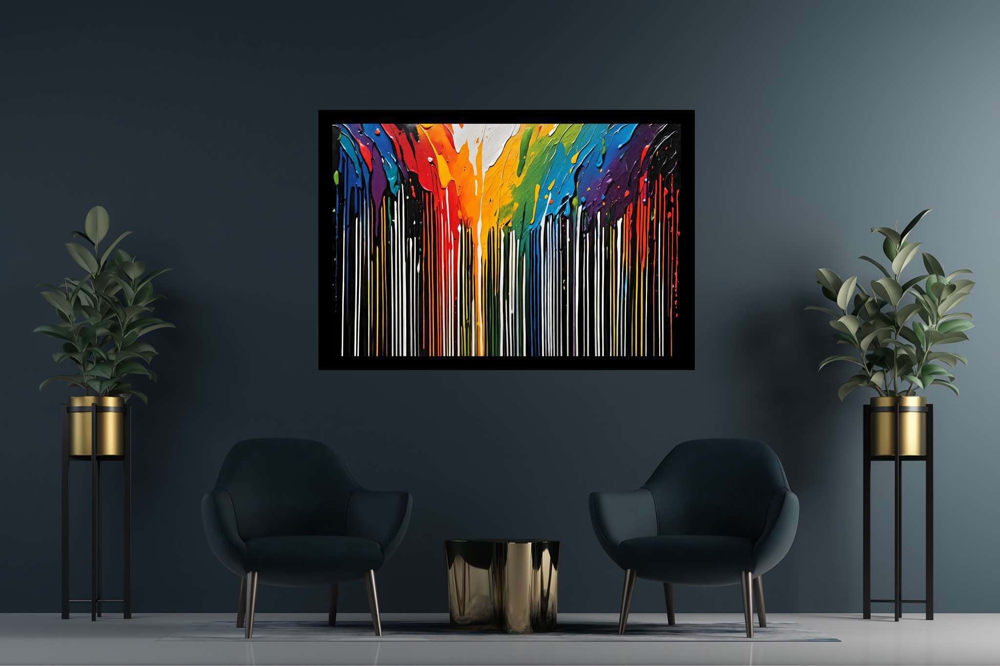 Chromatic rhapsody: Abstract art with colorful artwork, in a room with urban design, framed art, and luxe decor. The art can be printed on poster, framed poster, canvas, metal, acrylic or wood, exclusively at WallArtZen. Find this exact print at https://wallartzen.com/waz260