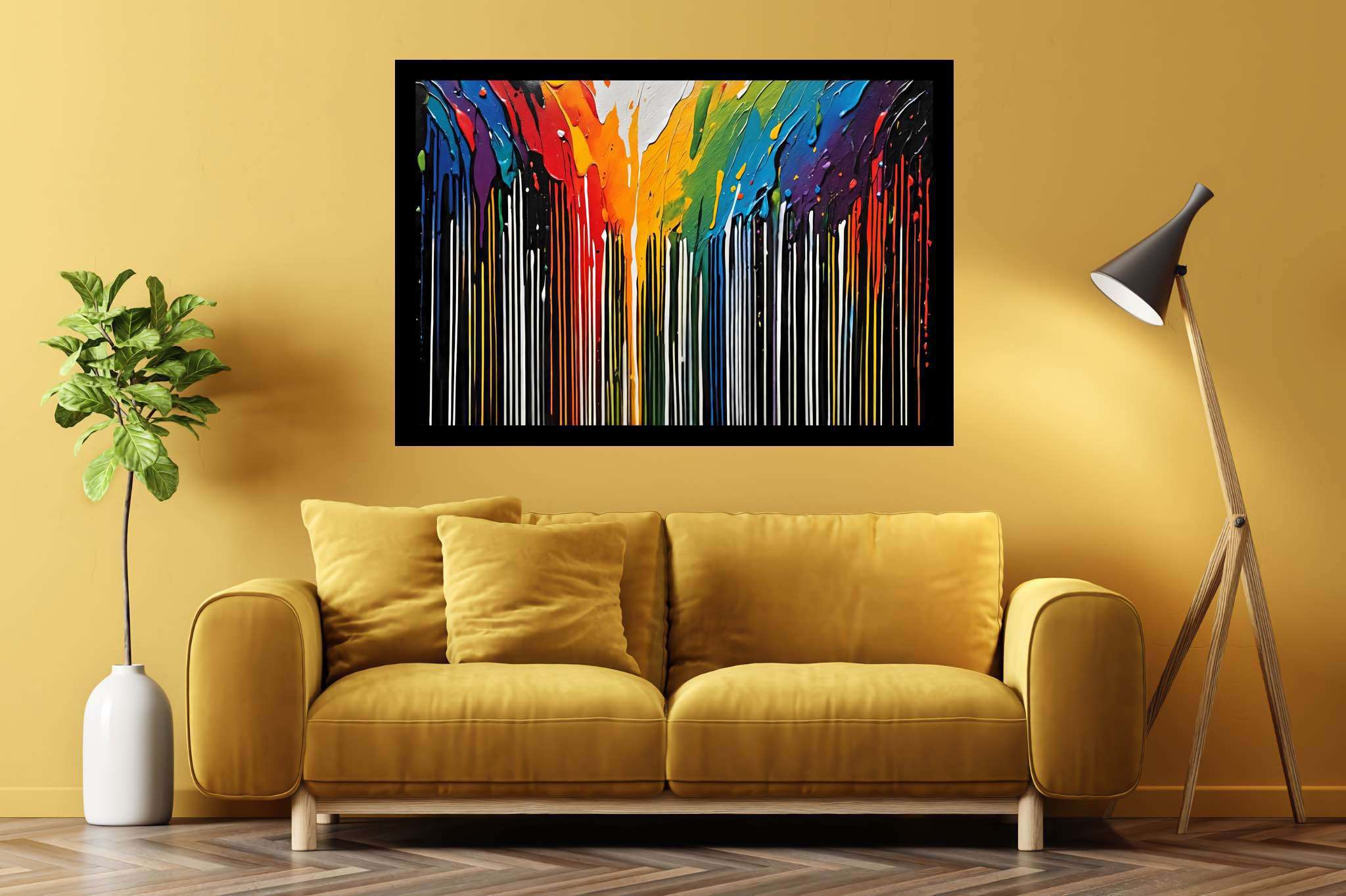 Chromatic rhapsody: Abstract art with abstract art, in a room with classic elegance, framed art, and stylish accessories. The art can be printed on poster, framed poster, canvas, metal, acrylic or wood, exclusively at WallArtZen. Find this exact print at https://wallartzen.com/waz260